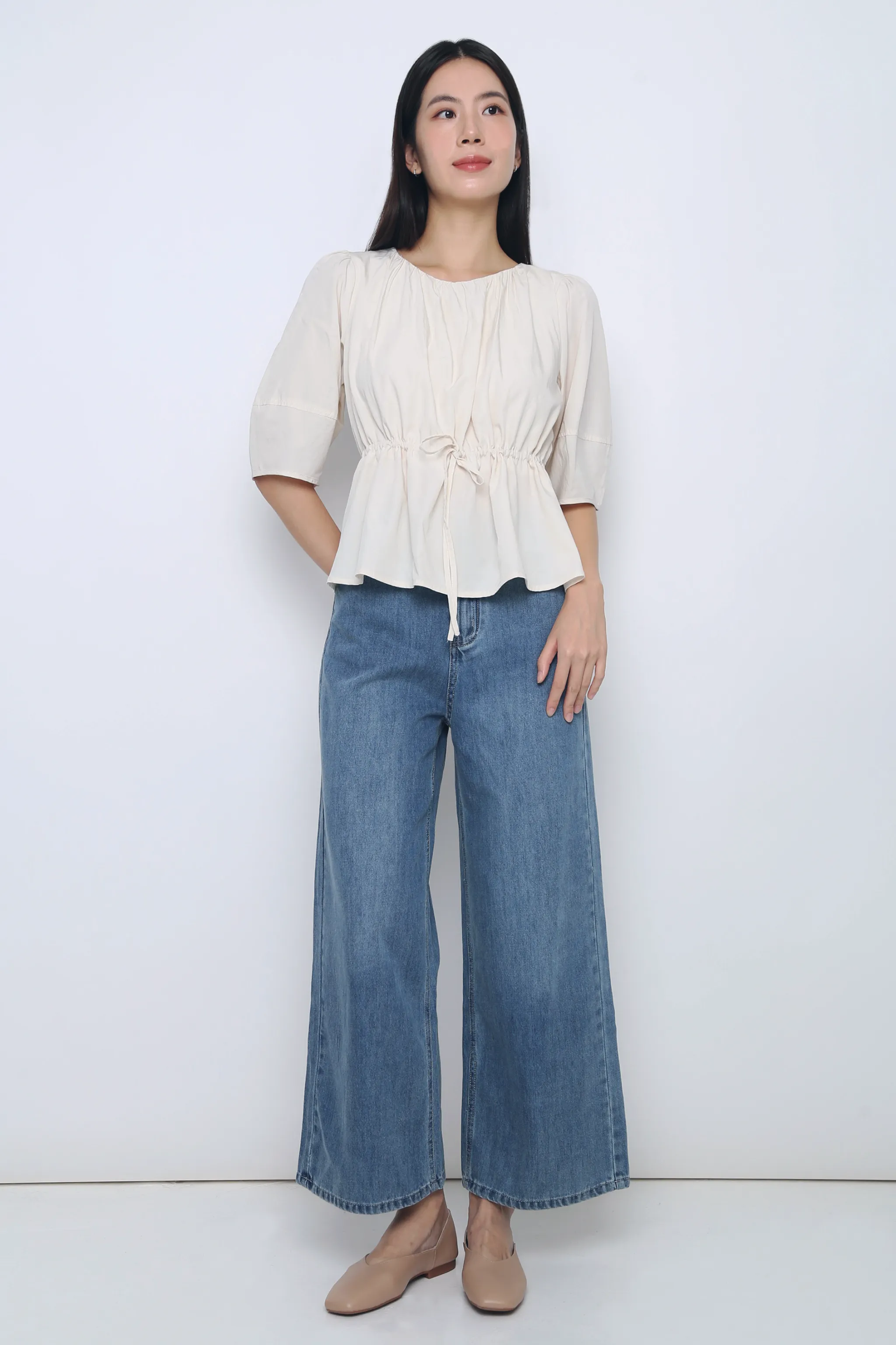 Natalina Tie Waist Blouse Ecru Fray Resistant Edges