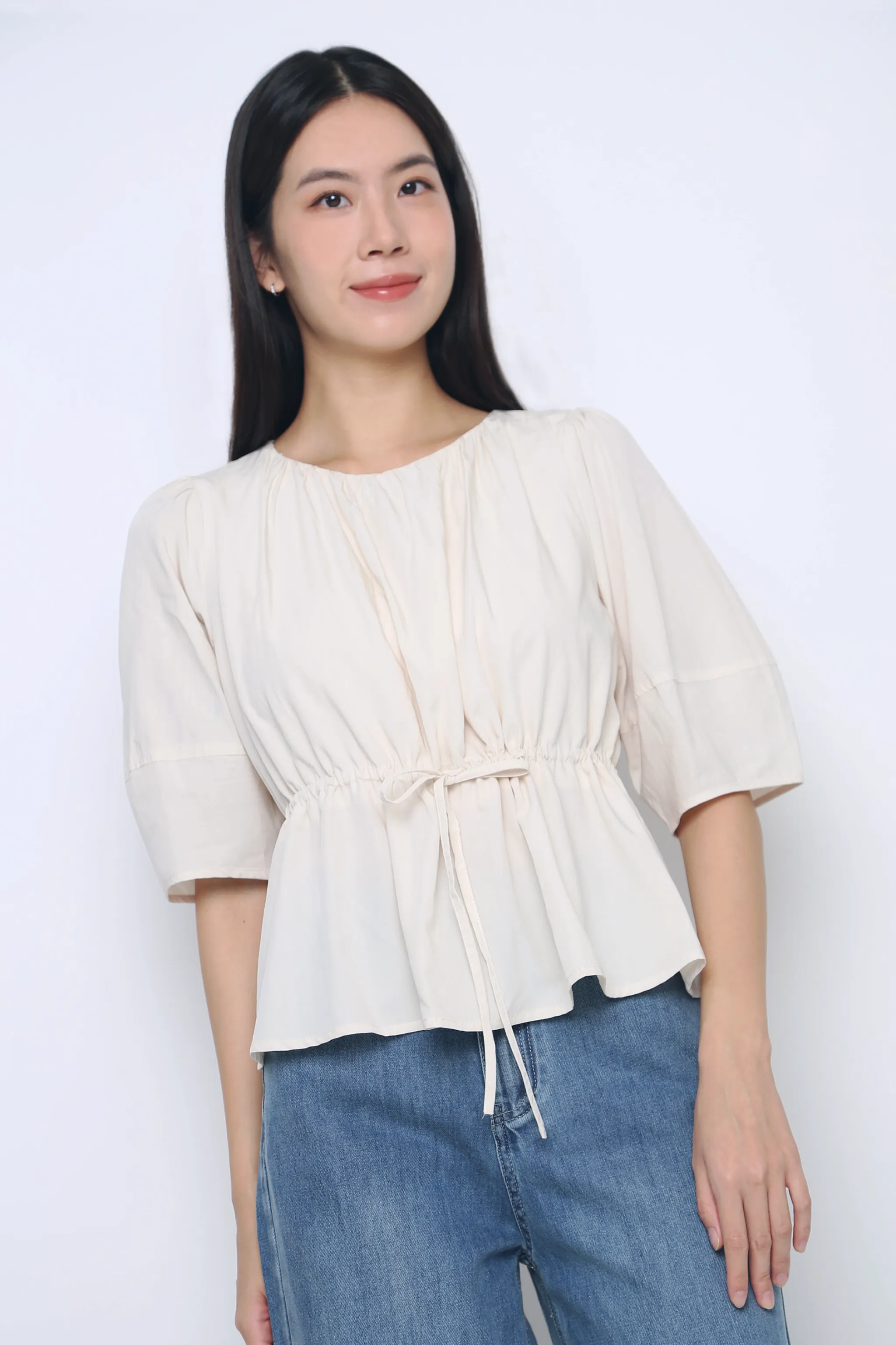 Weighted Hem Trim LowImpact Manufacturing Natalina Tie Waist Blouse Ecru