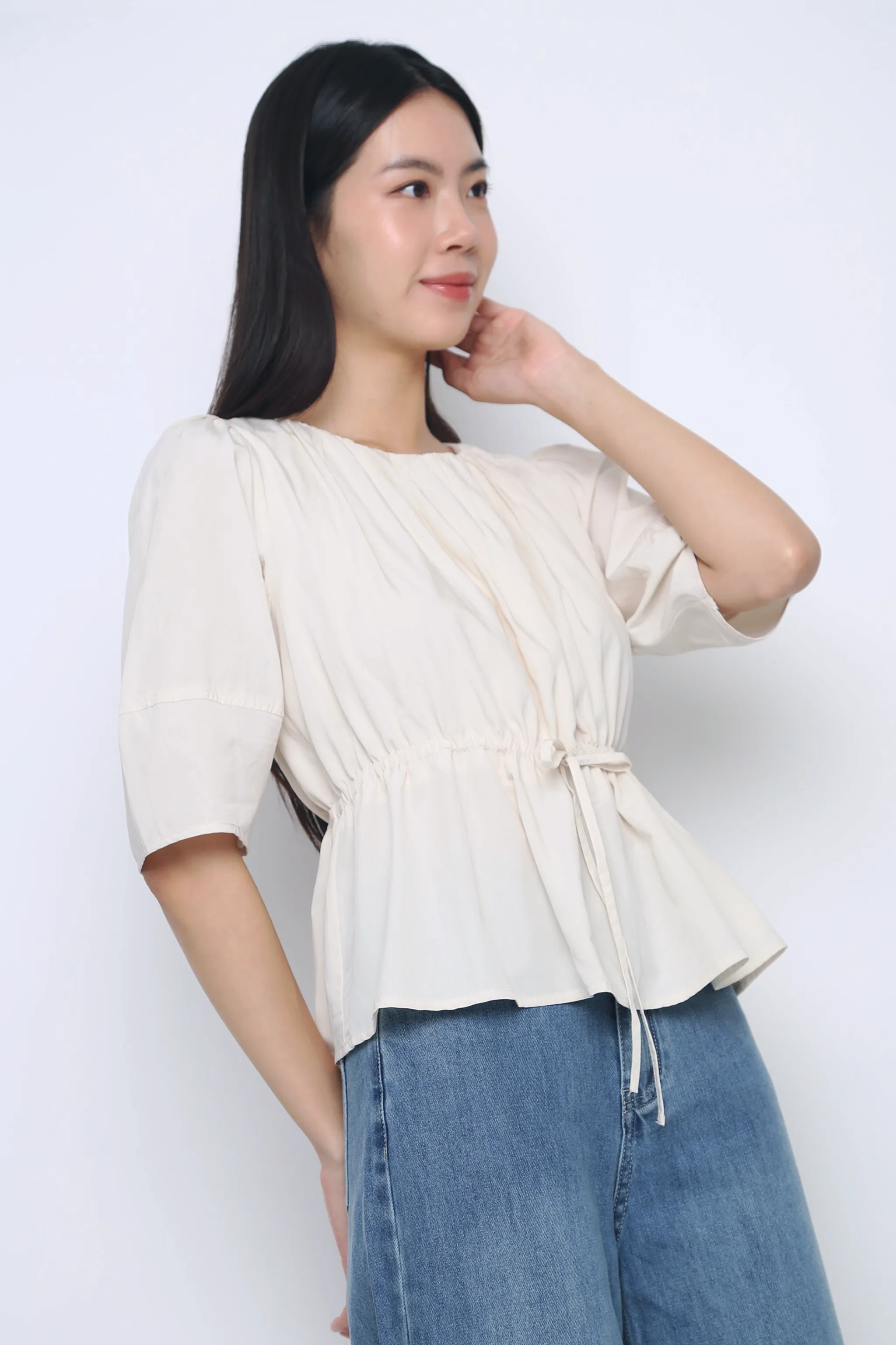 Shape Retention Fabric VersatileNeckline Natalina Tie Waist Blouse Ecru