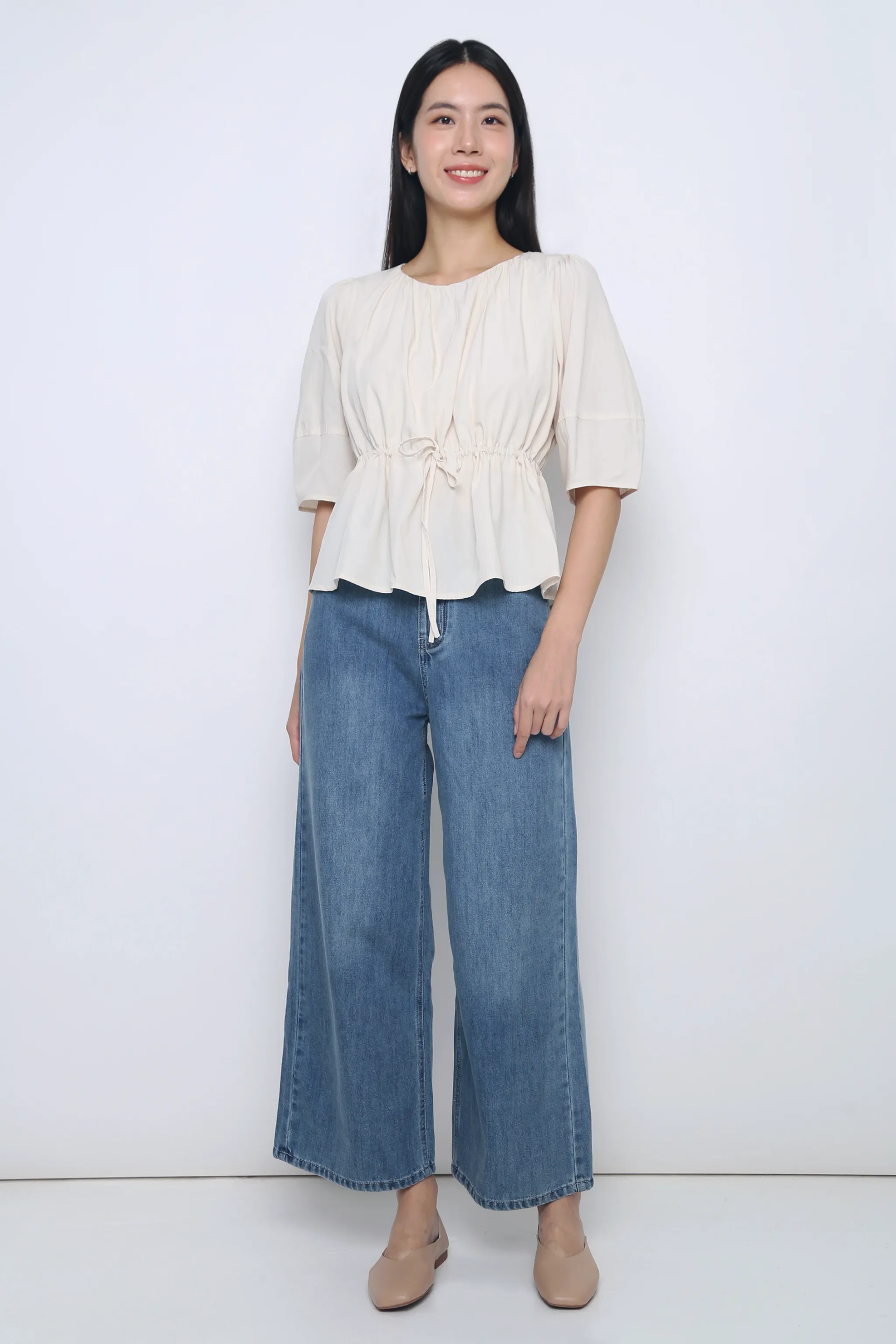 Natalina Tie Waist Blouse Ecru Tapered Side Panels Tencel Cotton Hybrid Weave