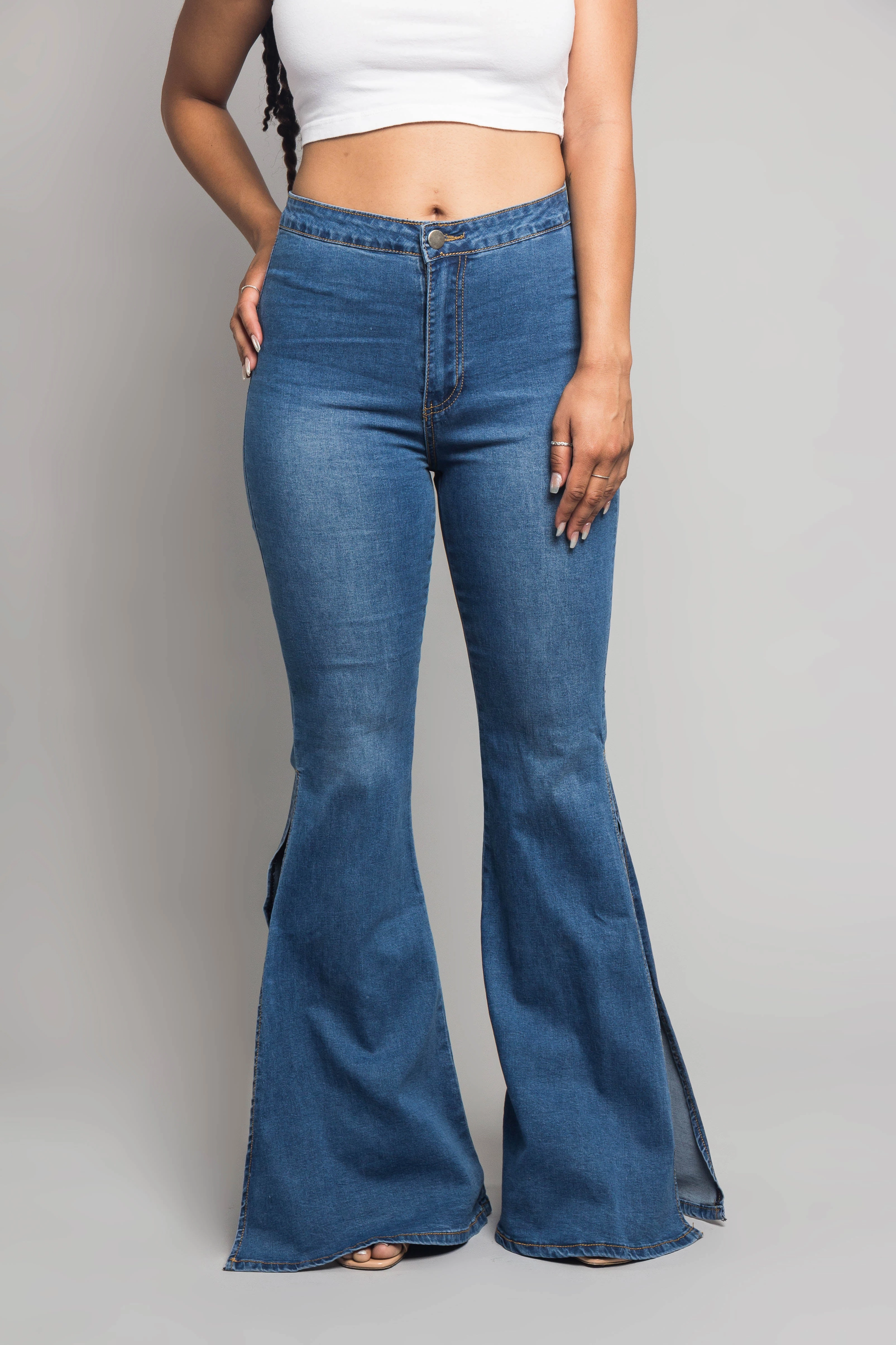 Bell Bottom Slit Jeans Stretchable Fabric