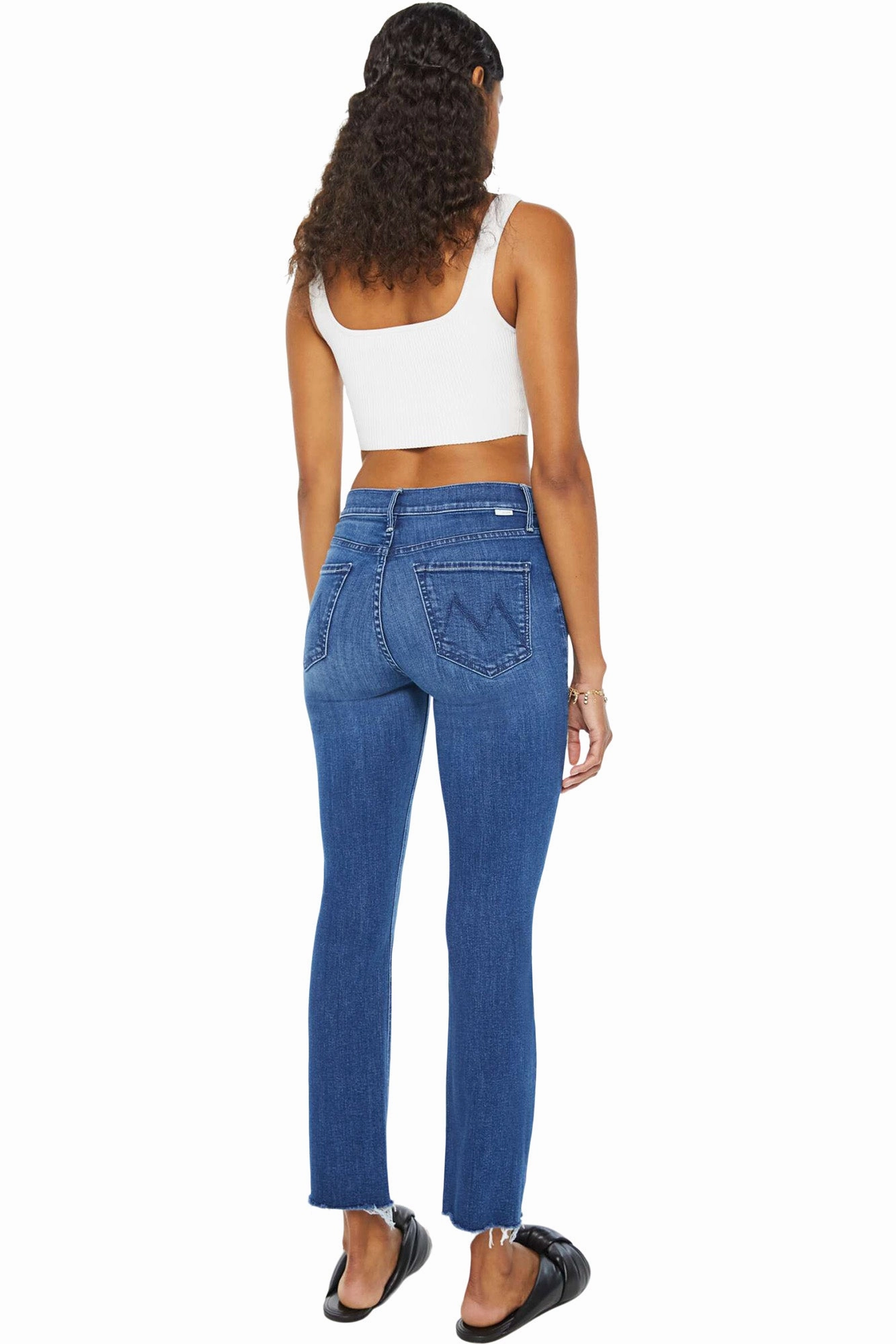 Pre Washed Denim MOTHER Denim Mid Rise Dazzler Ankle Fray in Nothing Between Us