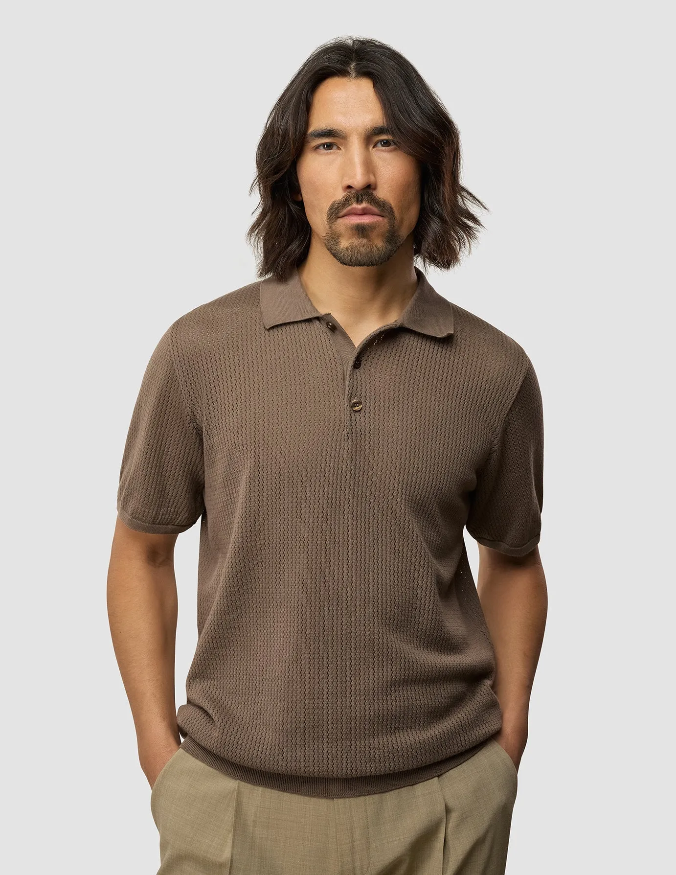 Textured Knitted Short Sleeve Polo Dark Earth No Shrink Technology