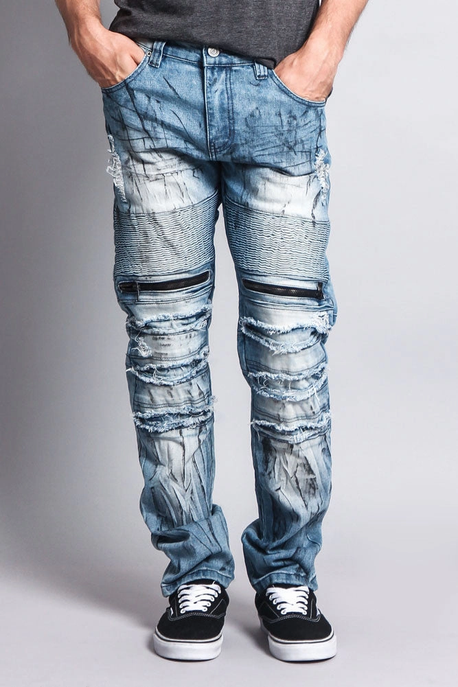 Minimal Cut Essential Fit Zipper Cut Grease Wash Biker Jeans