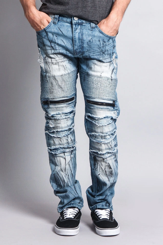 Polished Look Zipper Cut Grease Wash Biker Jeans