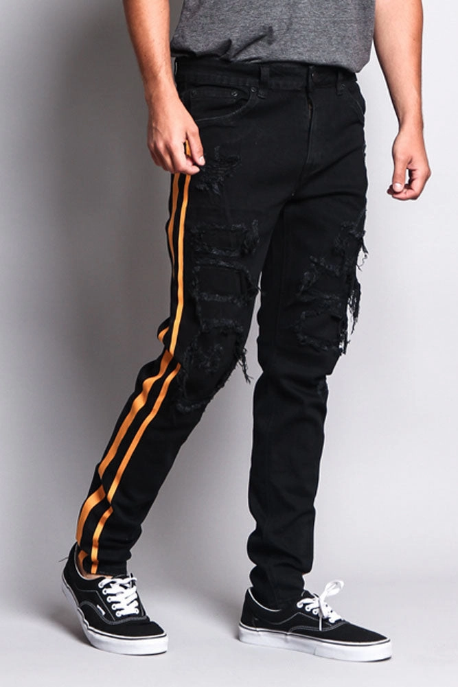 Men's Distressed Double Striped Skinny Jeans Low Profile Waistband