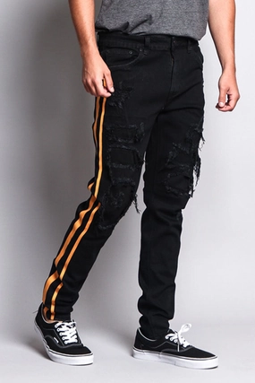 Men's Distressed Double Striped Skinny Jeans FadeResistantTreatment