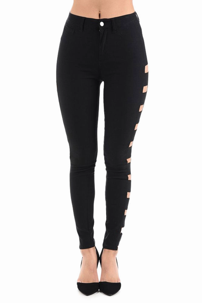 High Waisted Super Stretch Side Cut Out Skinny Pants Slim Stretch Sporty Function