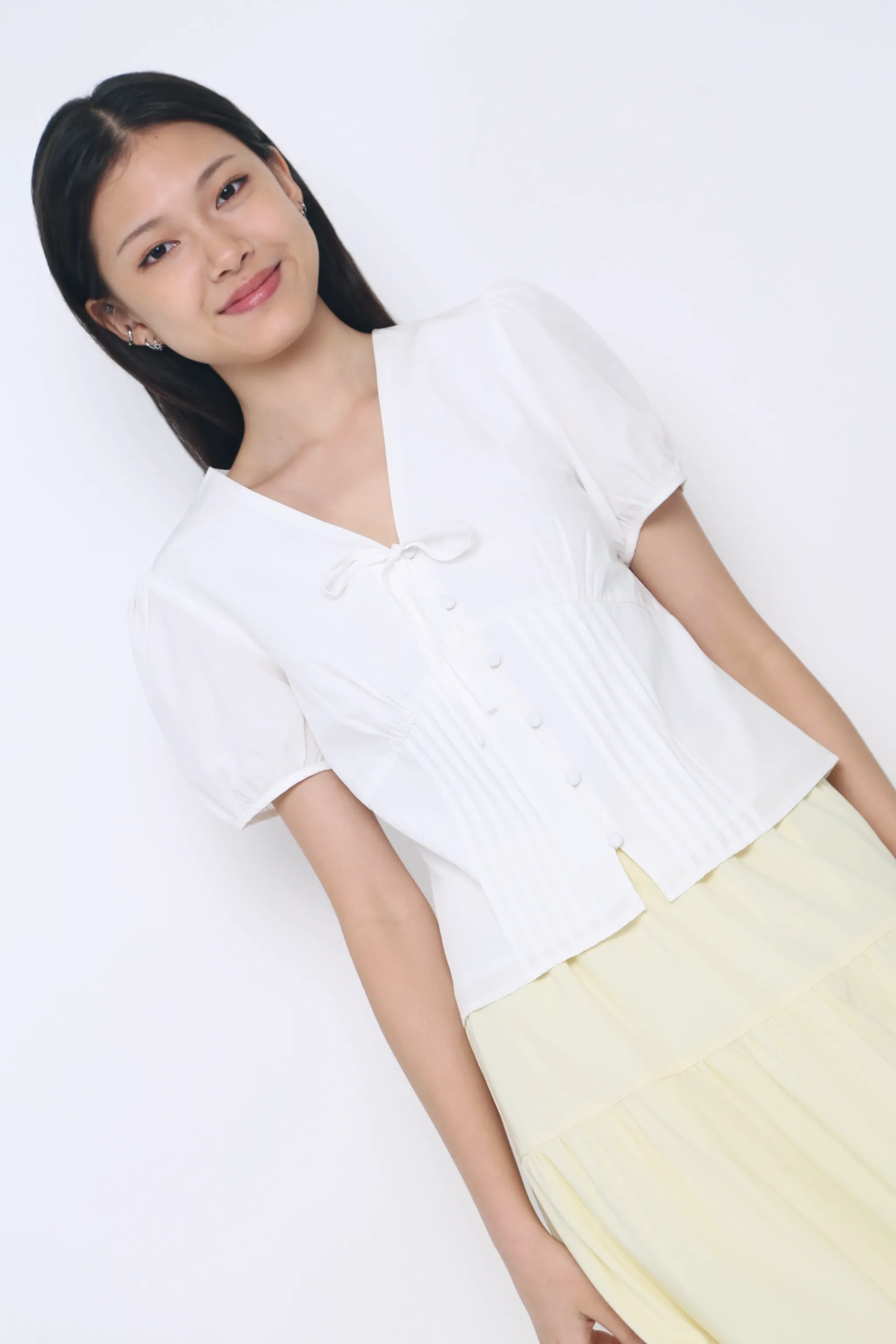 Clementine Pleat & Tie Blouse White Compact Stitching High Visibility Trim