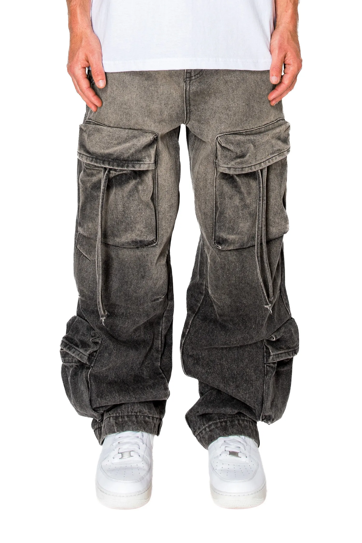 Men's Baggy Fit Faded Wash Cargo Jeans Chilly Weather Wear