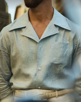 Lightweight Wear Comfy Design Summer Camp Collar Shirt in Sky Blue Linen