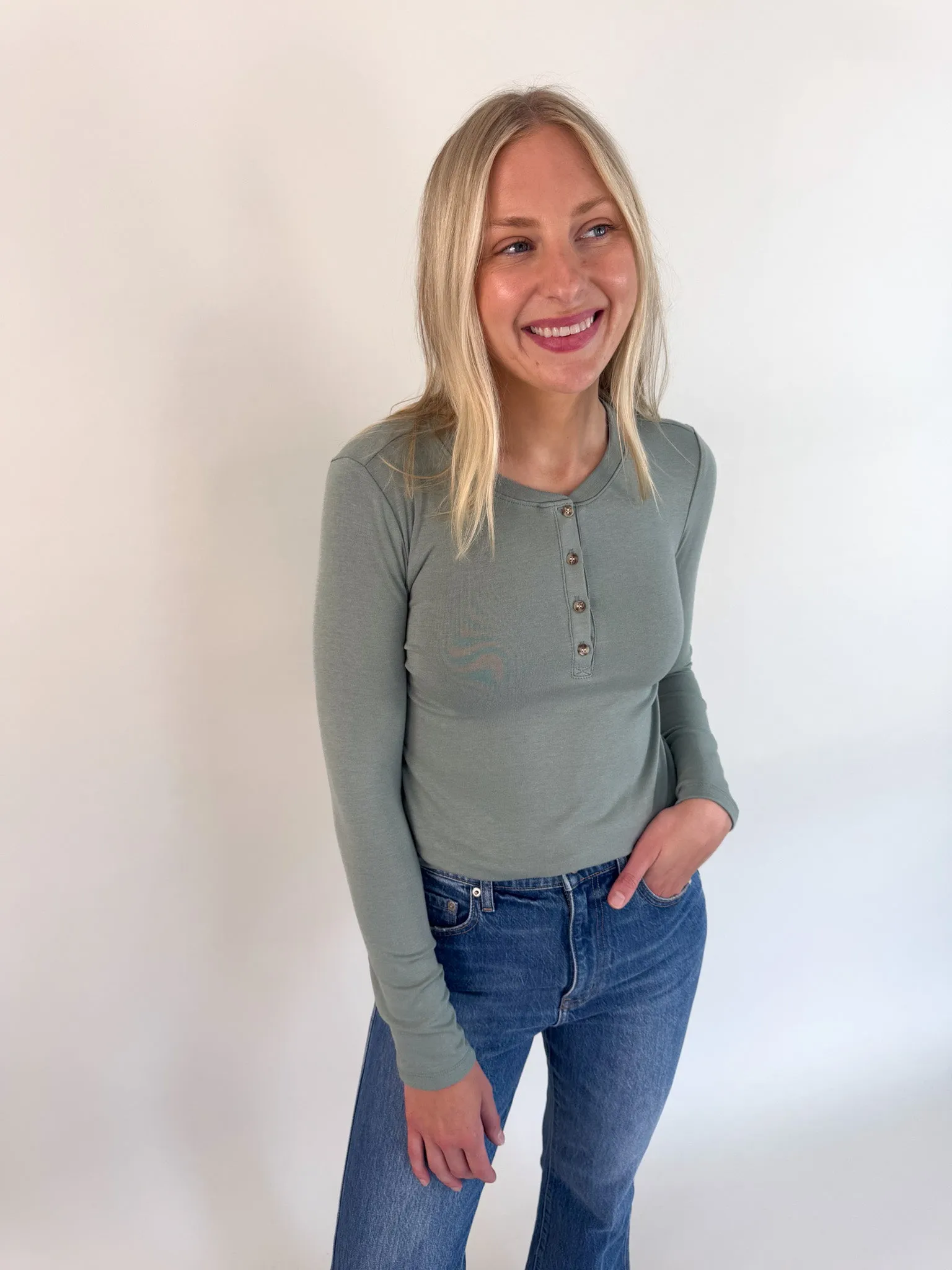 Grace Solid Henley Top- Avocado airport