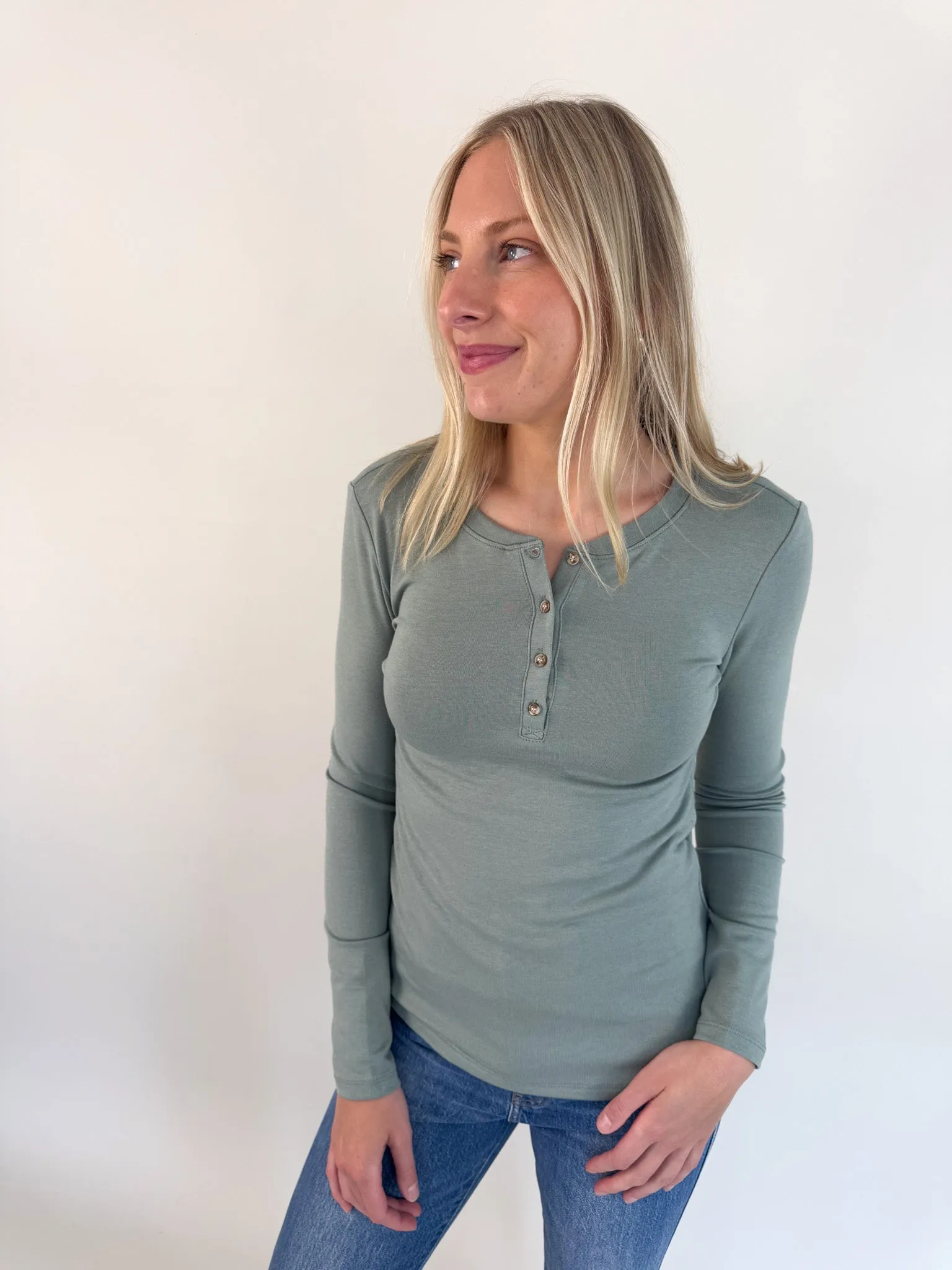 Popular Choice Grace Solid Henley Top- Avocado