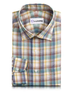 Premium Quality Holiday Outfit Summer Light Chambray Subtle Brown Blue Yellow Checks Madras