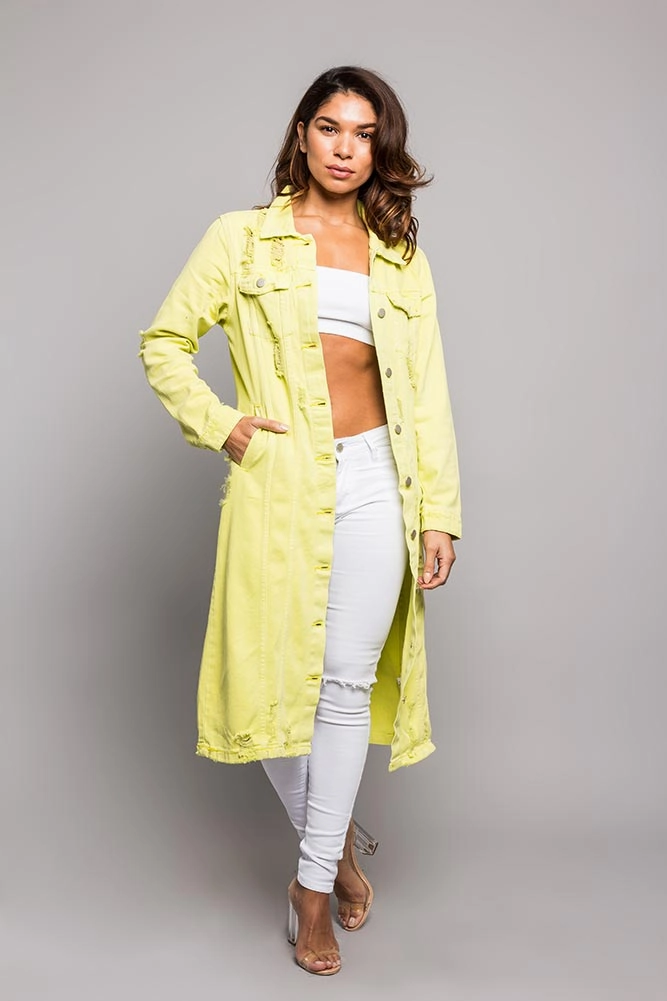 Ergonomic Mobility Cut Chill Commute Fit Super Long Distressed Denim Jean Jacket