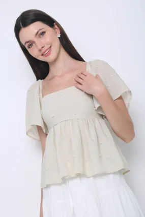 Textured Fabric Finish Hidden Zipper Greta Pearl Babydoll Blouse Ecru (Restock)