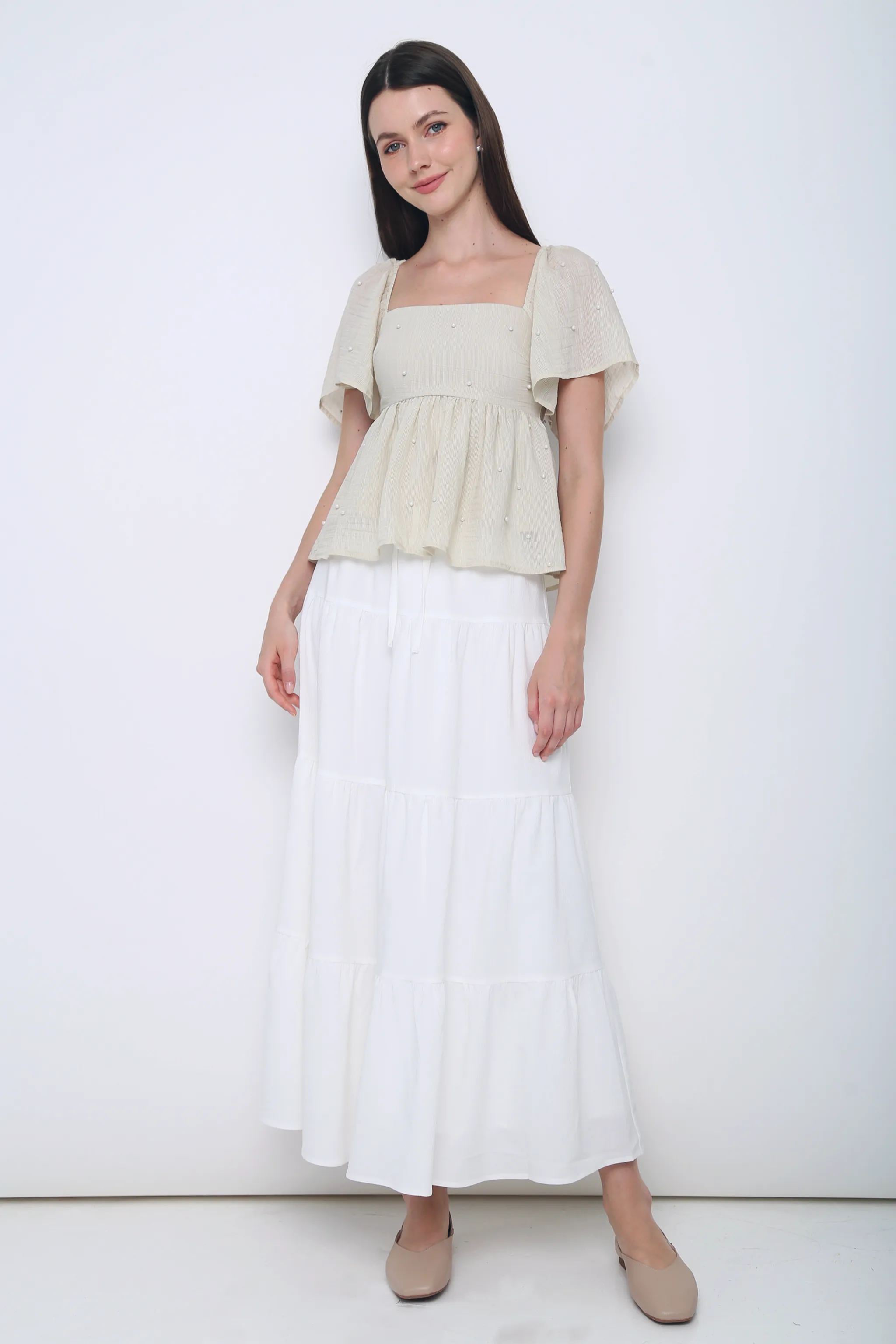 Flexible Neckline ComfortStretch Greta Pearl Babydoll Blouse Ecru (Restock)