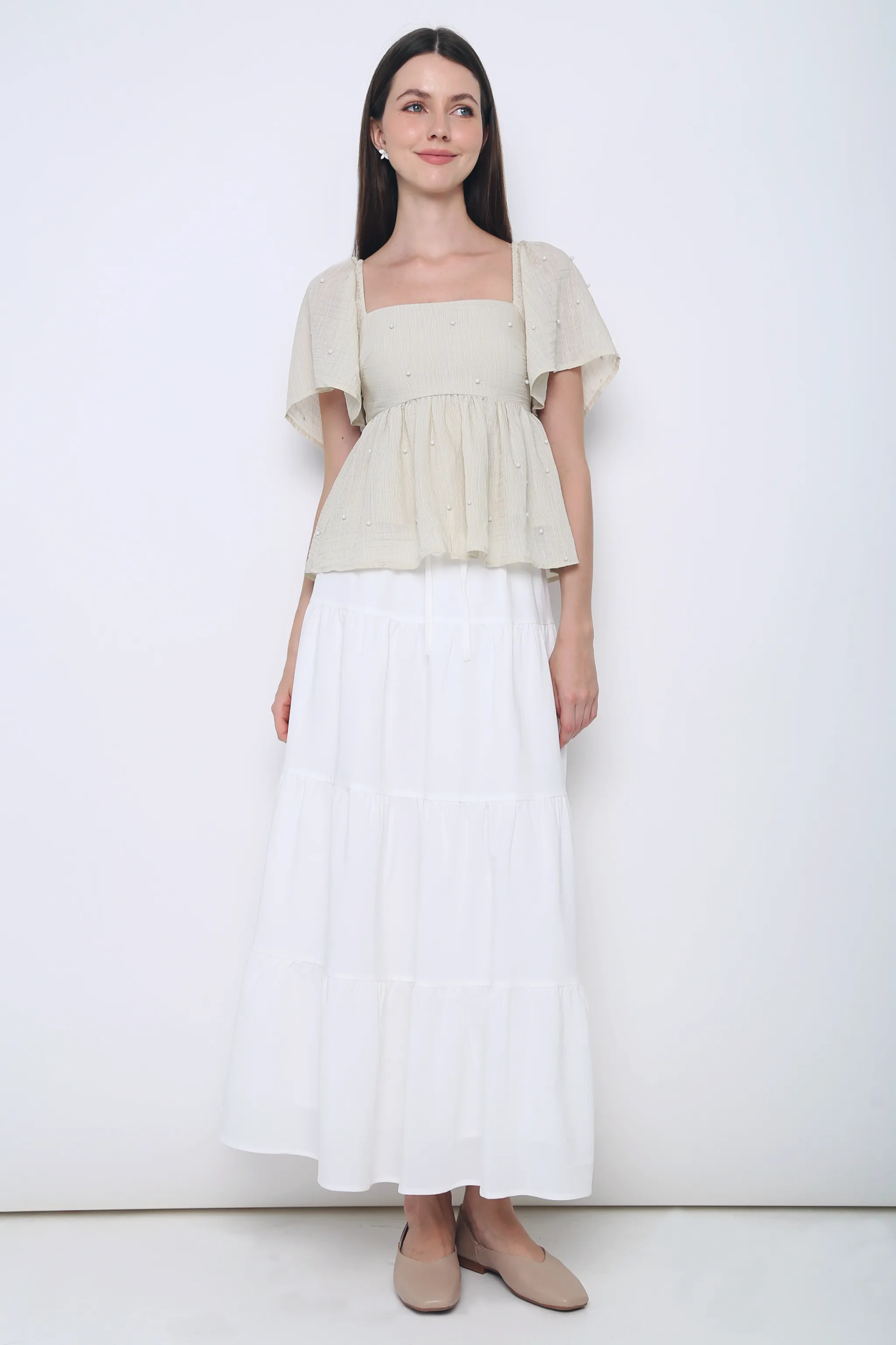 Anti Pilling Treatment Greta Pearl Babydoll Blouse Ecru (Restock)