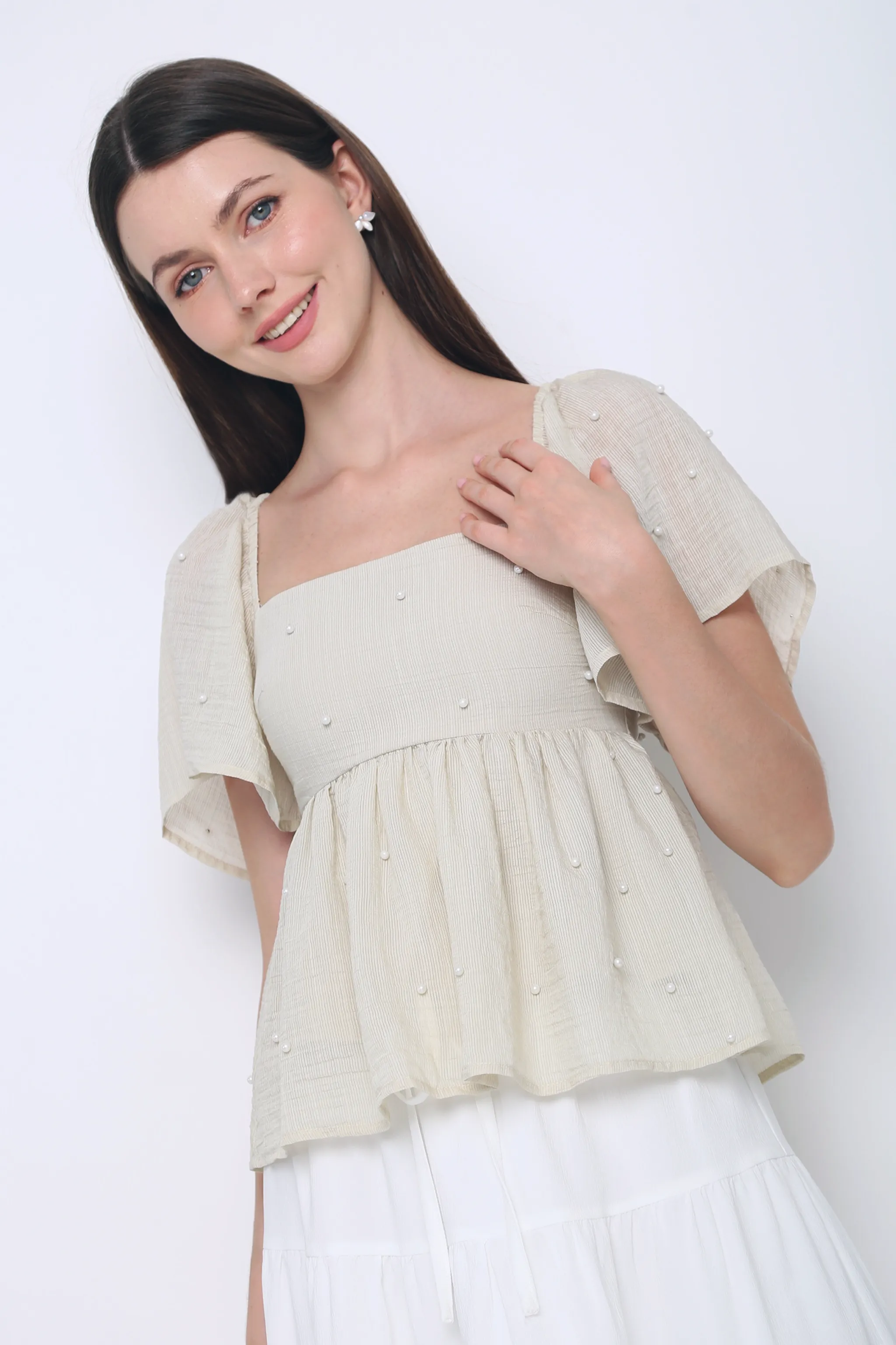 Textured Fabric Finish Hidden Zipper Greta Pearl Babydoll Blouse Ecru (Restock)
