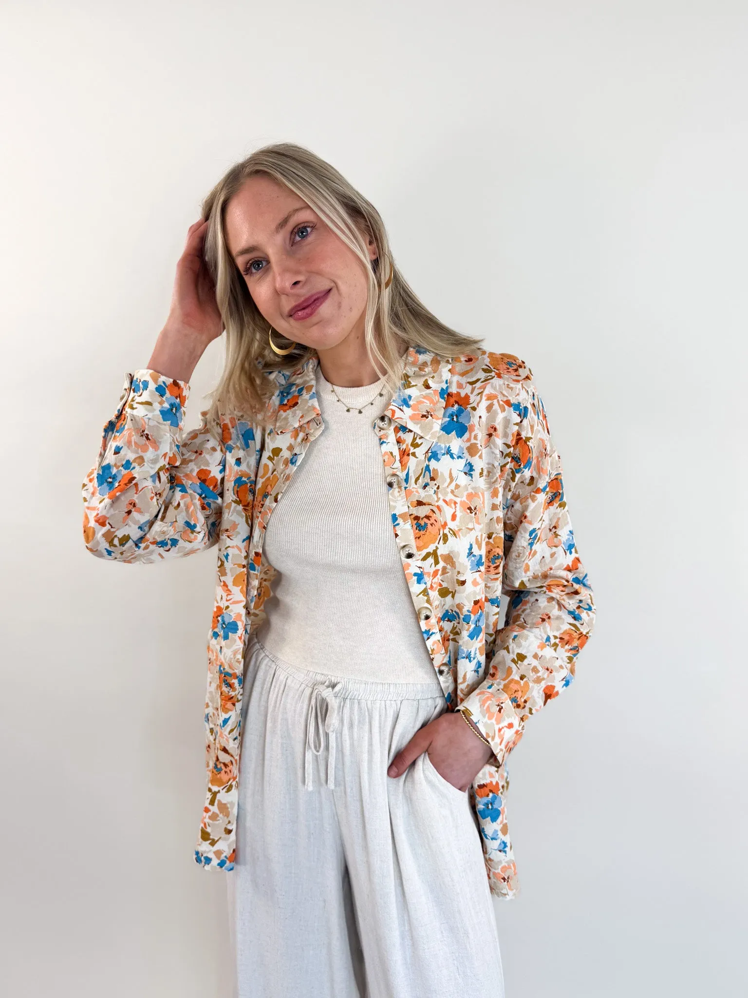 Sonoma Long Sleeve Floral Button Up Unstructured Shoulder