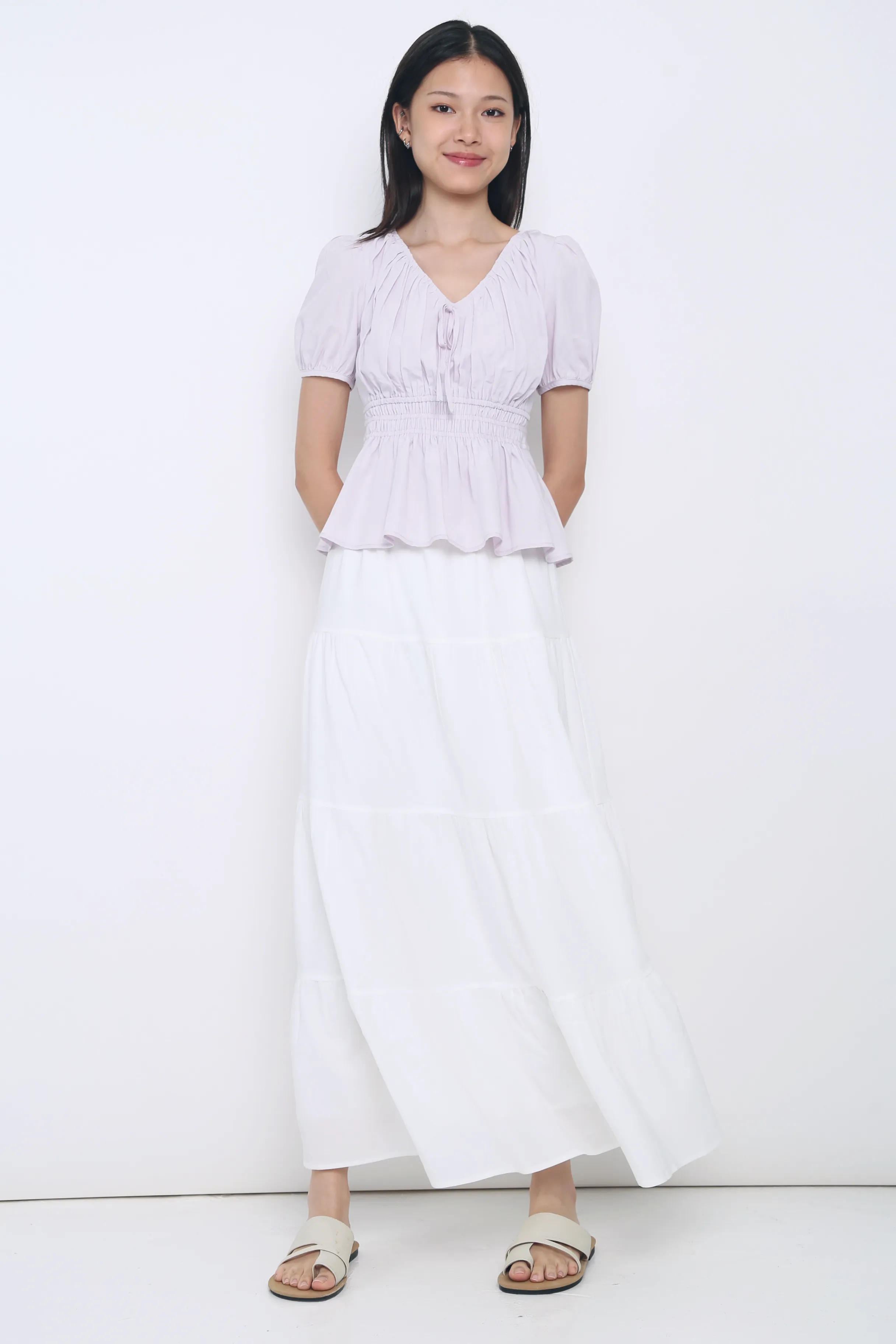 Quick Access Pockets wrinkle free finish Blake Shirred Waist Blouse Periwinkle