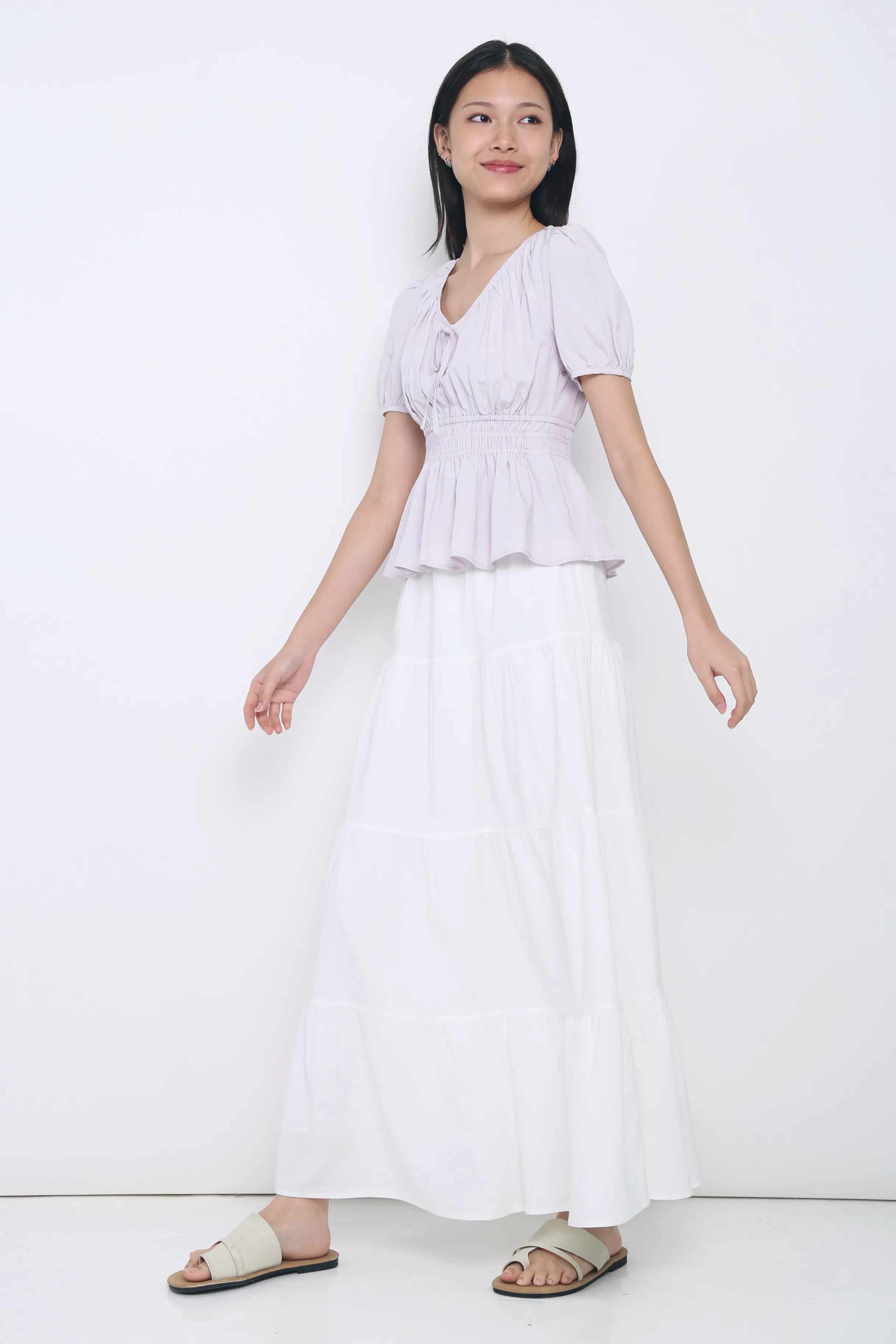 Blake Shirred Waist Blouse Periwinkle SnagFreeKnit Wicking Inner Lining