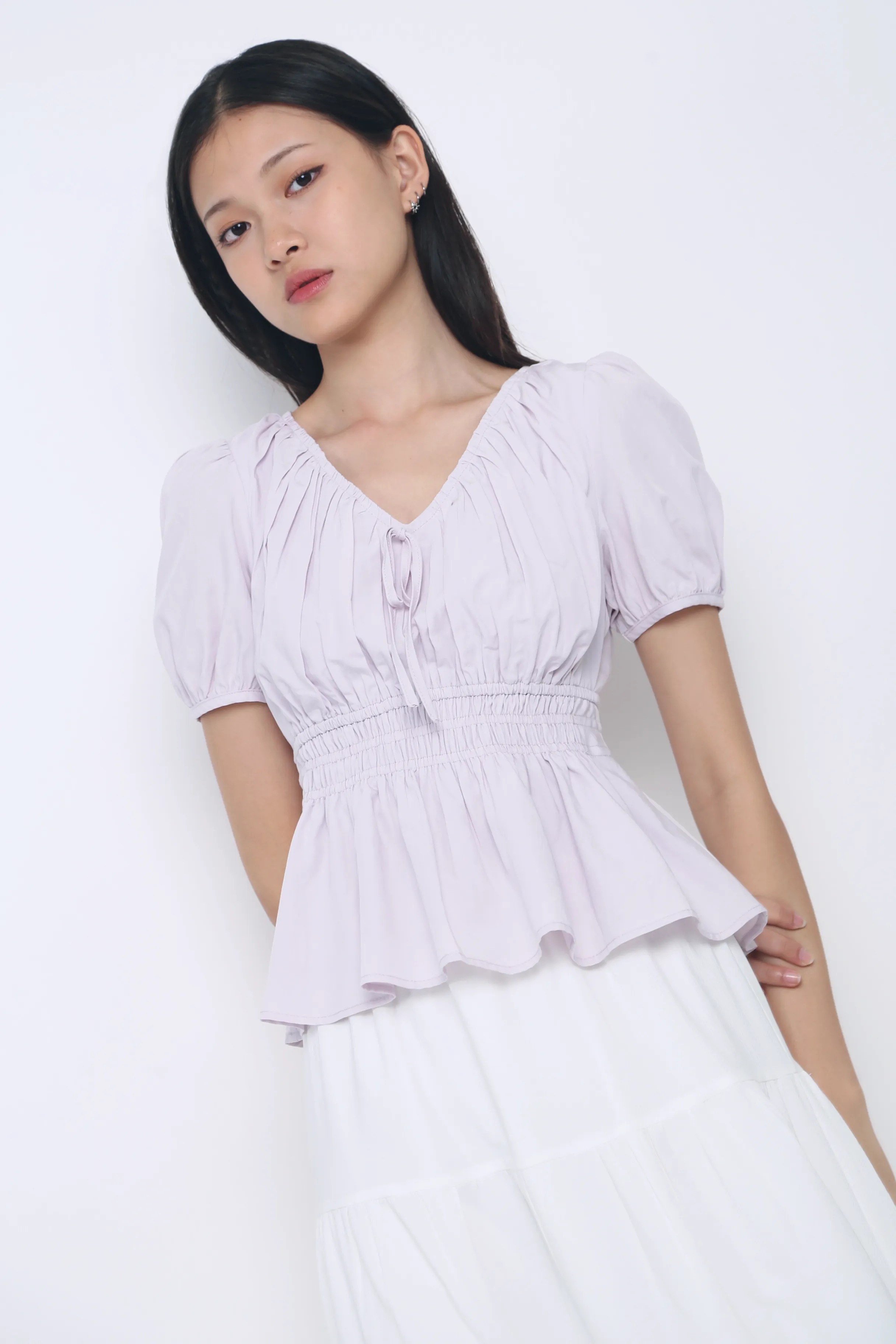 Stretch Woven Material Blake Shirred Waist Blouse Periwinkle