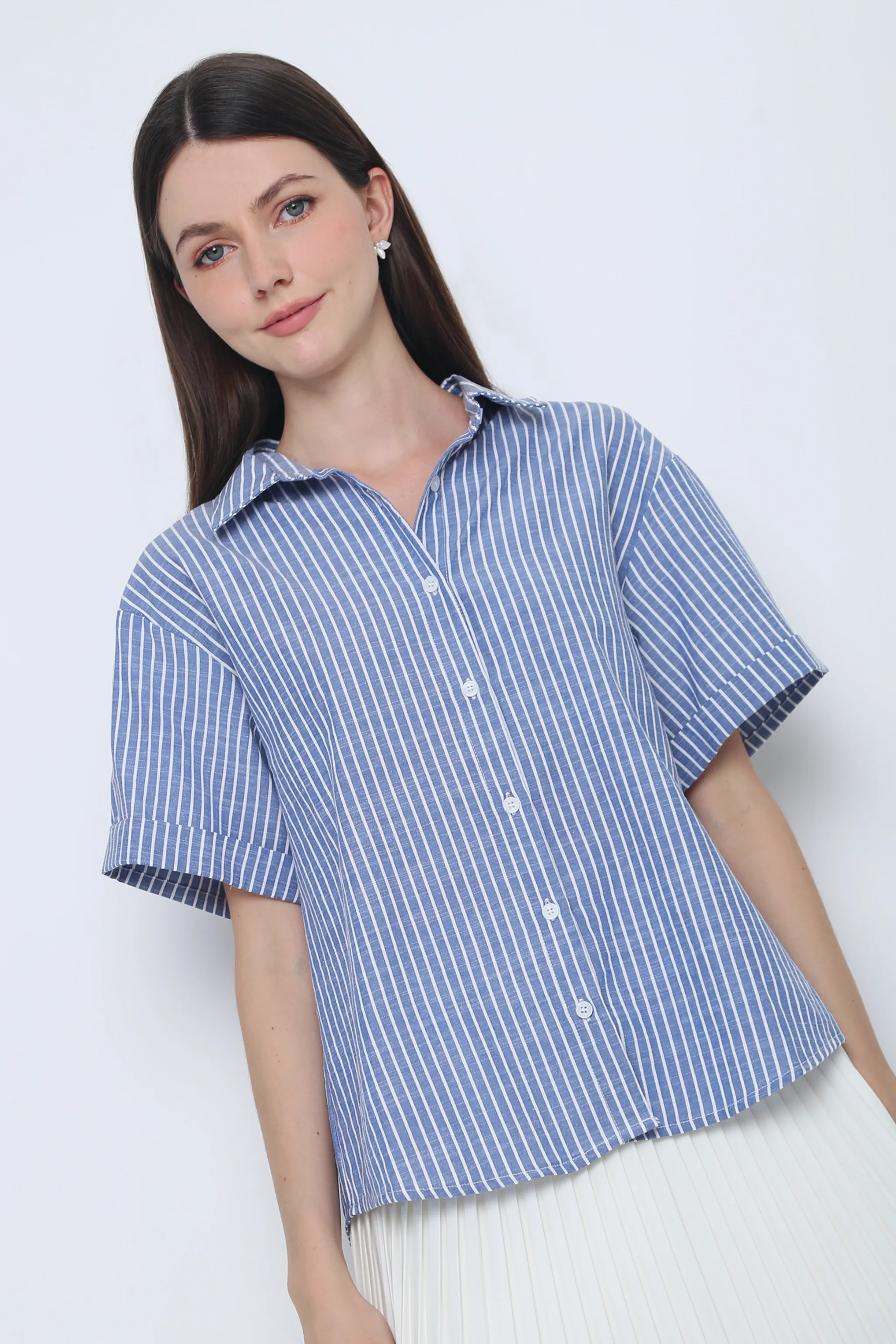 AntiStaticInnerLining Soft Brushed Lining Ashton Stripe Boxy Shirt Navy