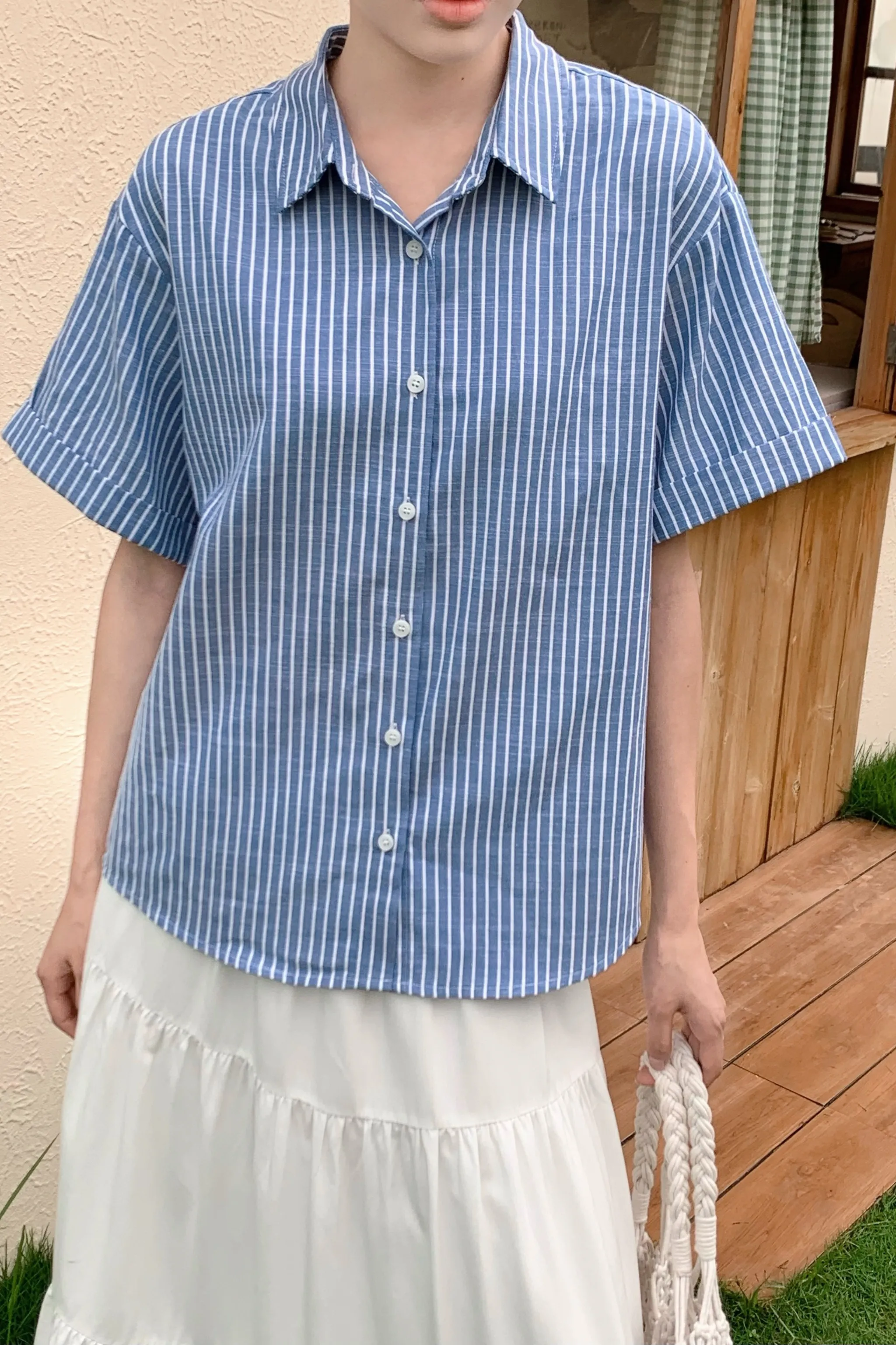 Ashton Stripe Boxy Shirt Navy Natural Fiber Blend Stylish Tank