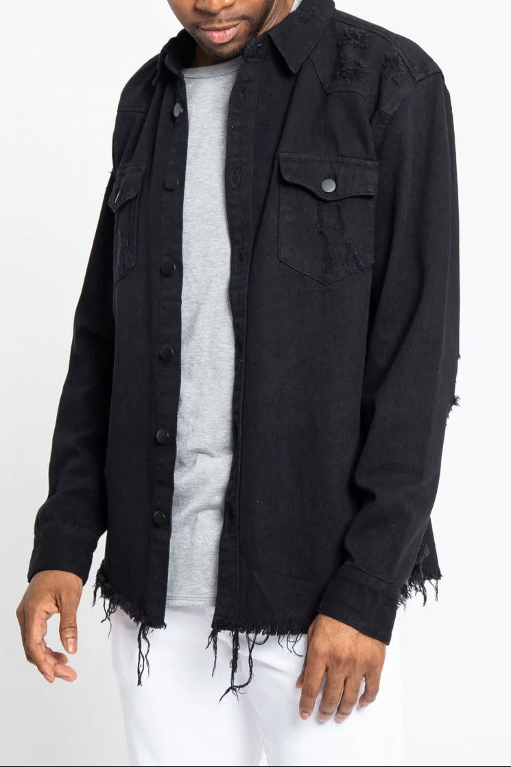 Comfortable Cut Distressed Denim Button Up Shirt Jacket
