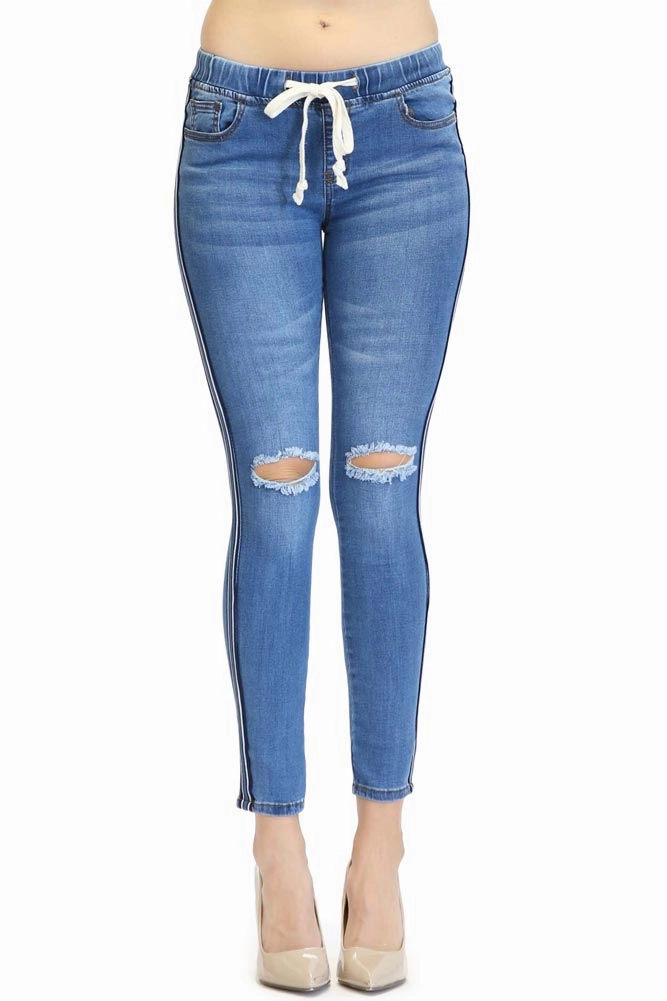 Destroyed Denim Side Striped Jogger Adaptable Fit Odor Resistant