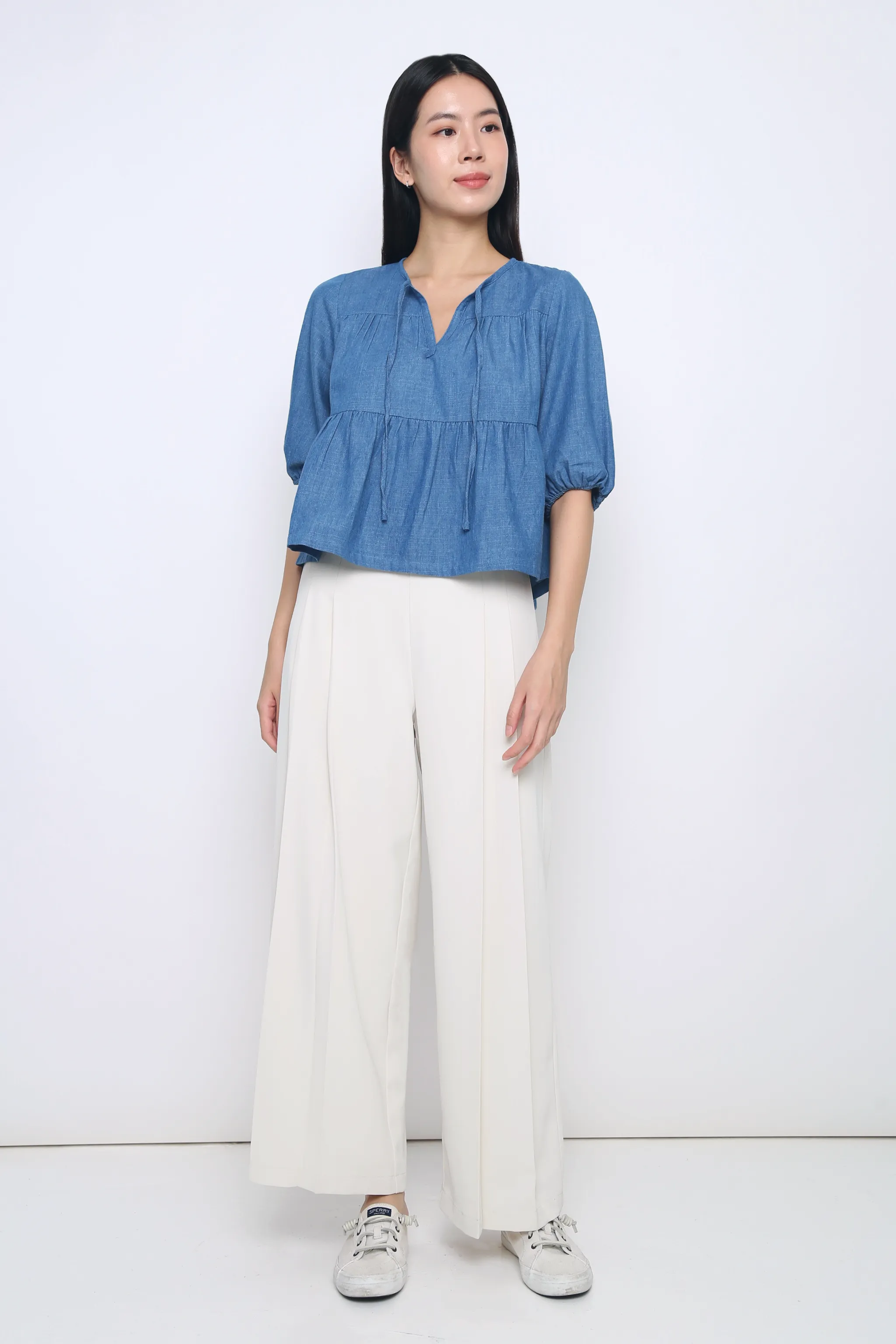 Bluebell Tiered Denim Blouse Light AthleisureInspired