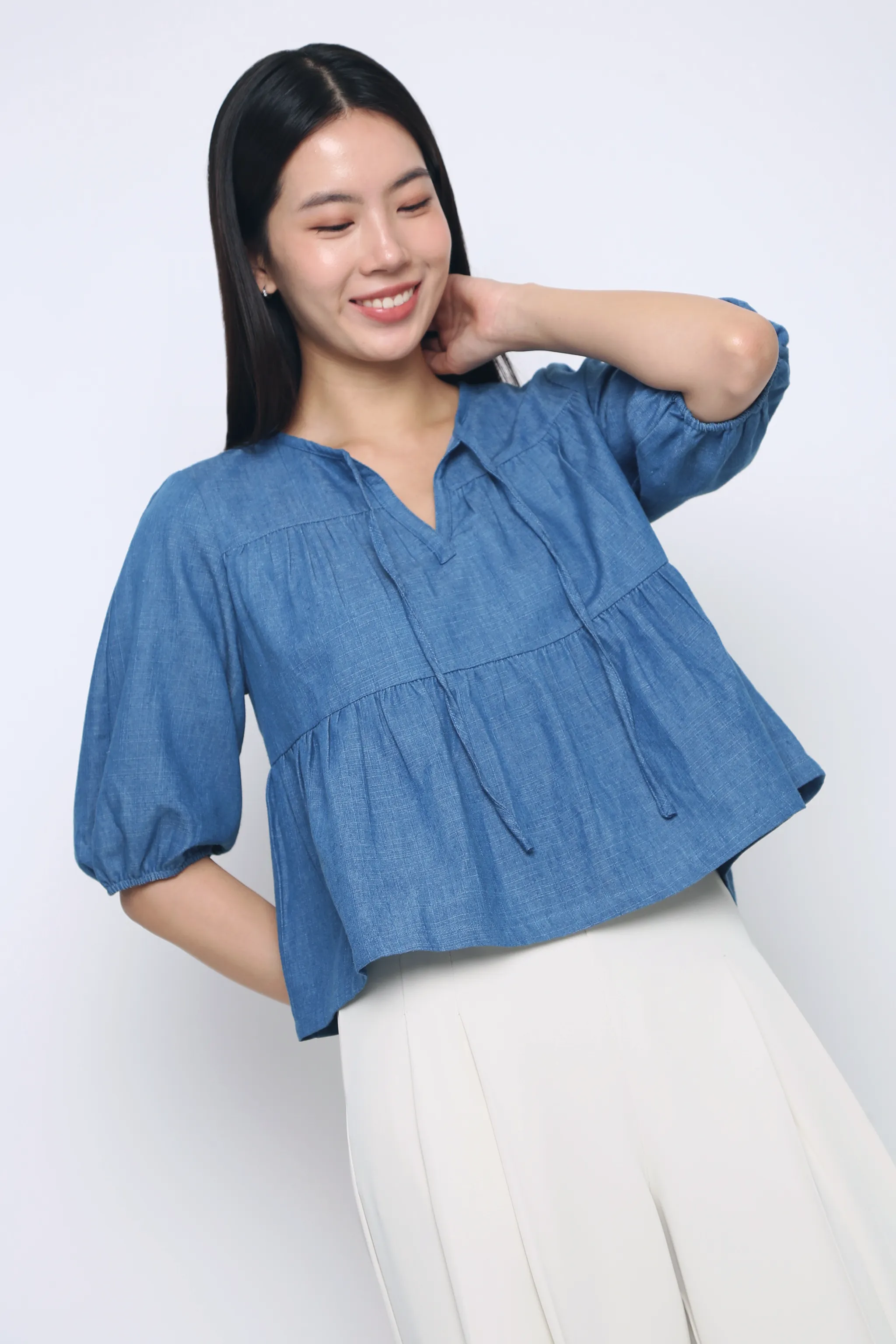 SlimFitAdaptation Bluebell Tiered Denim Blouse Light
