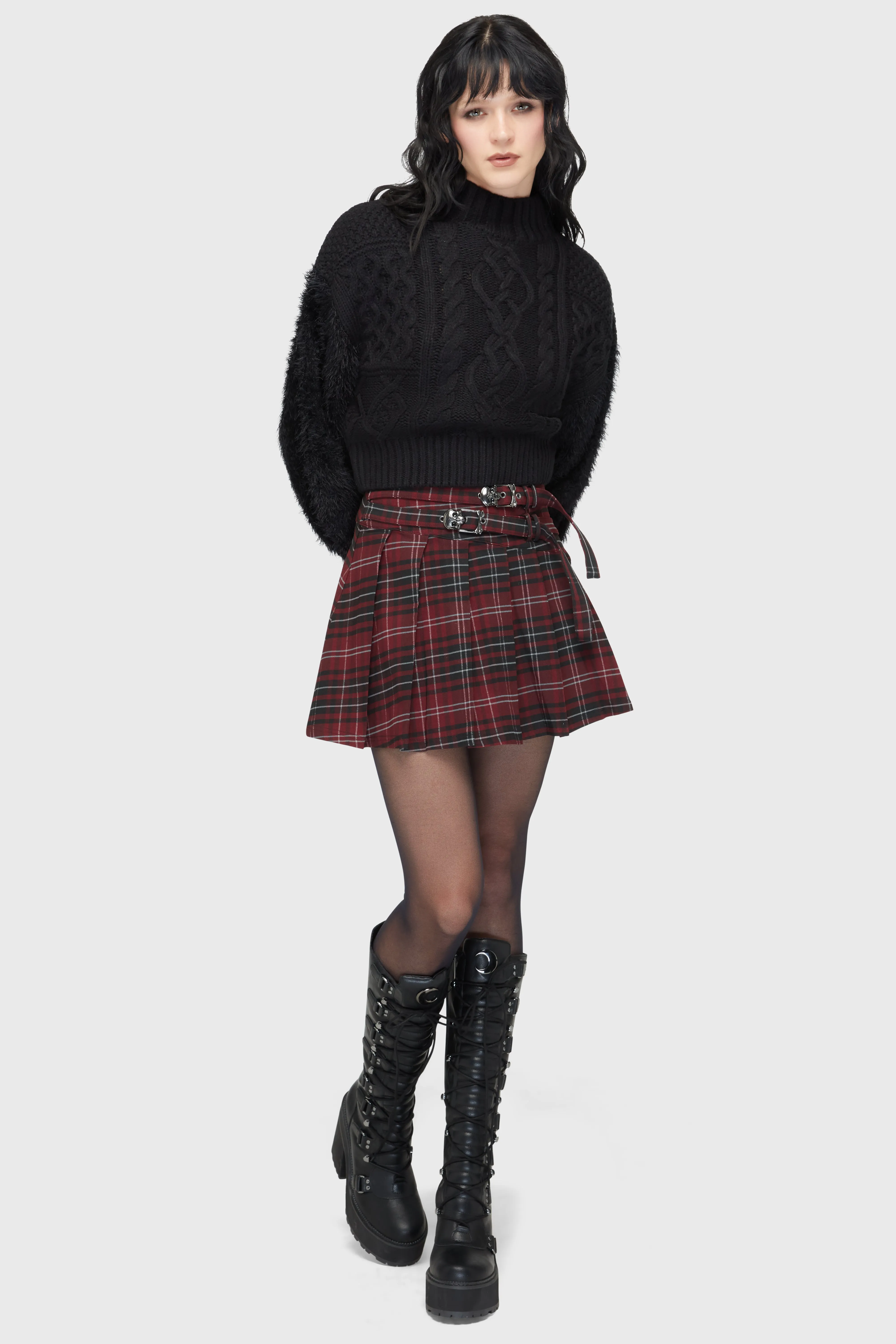 Monochrome Outfit Tartan Riot Skirt [BURGUNDY]