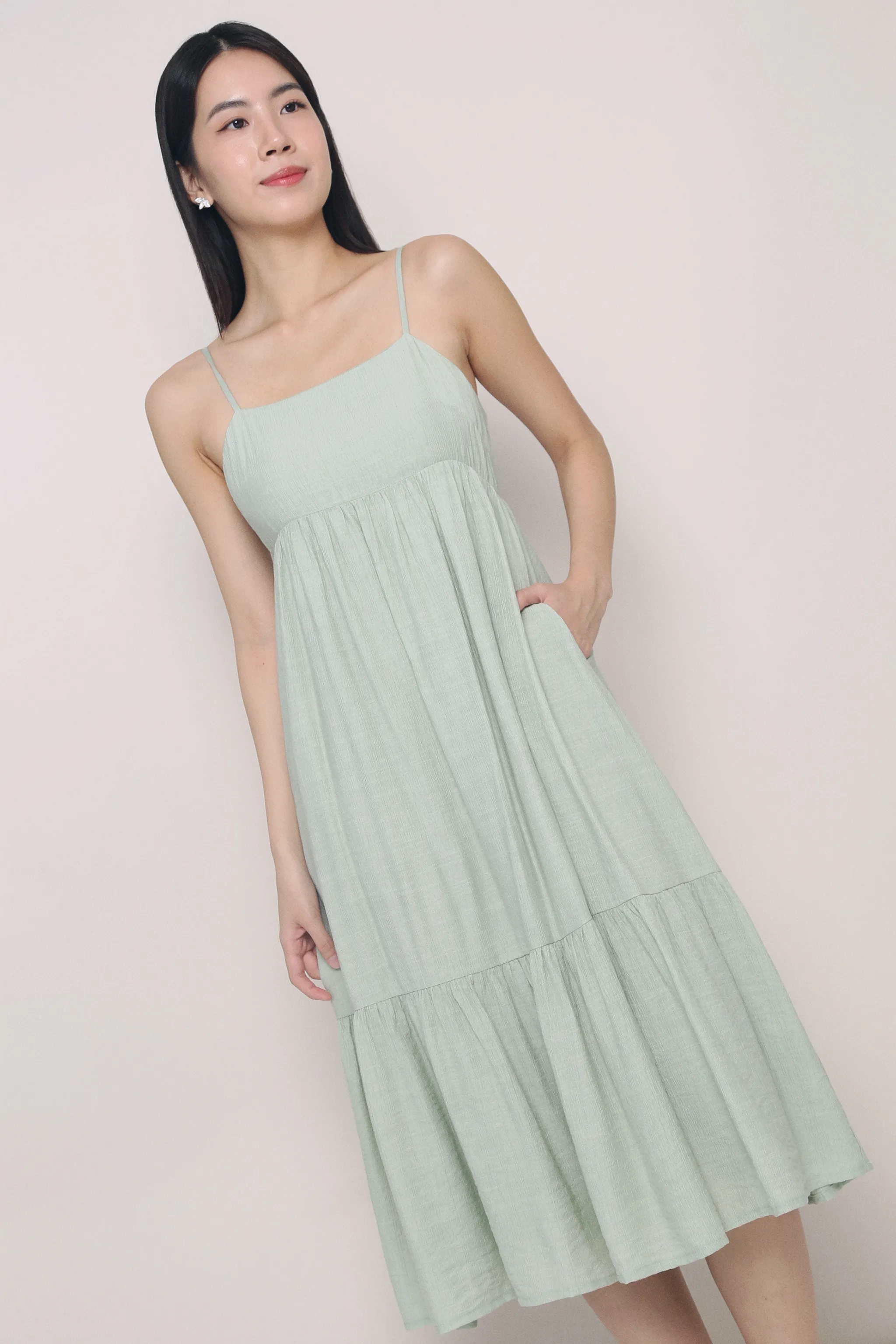 Birthday-Celebration Bethlyn Strappy Tier Midi Dress Sage
