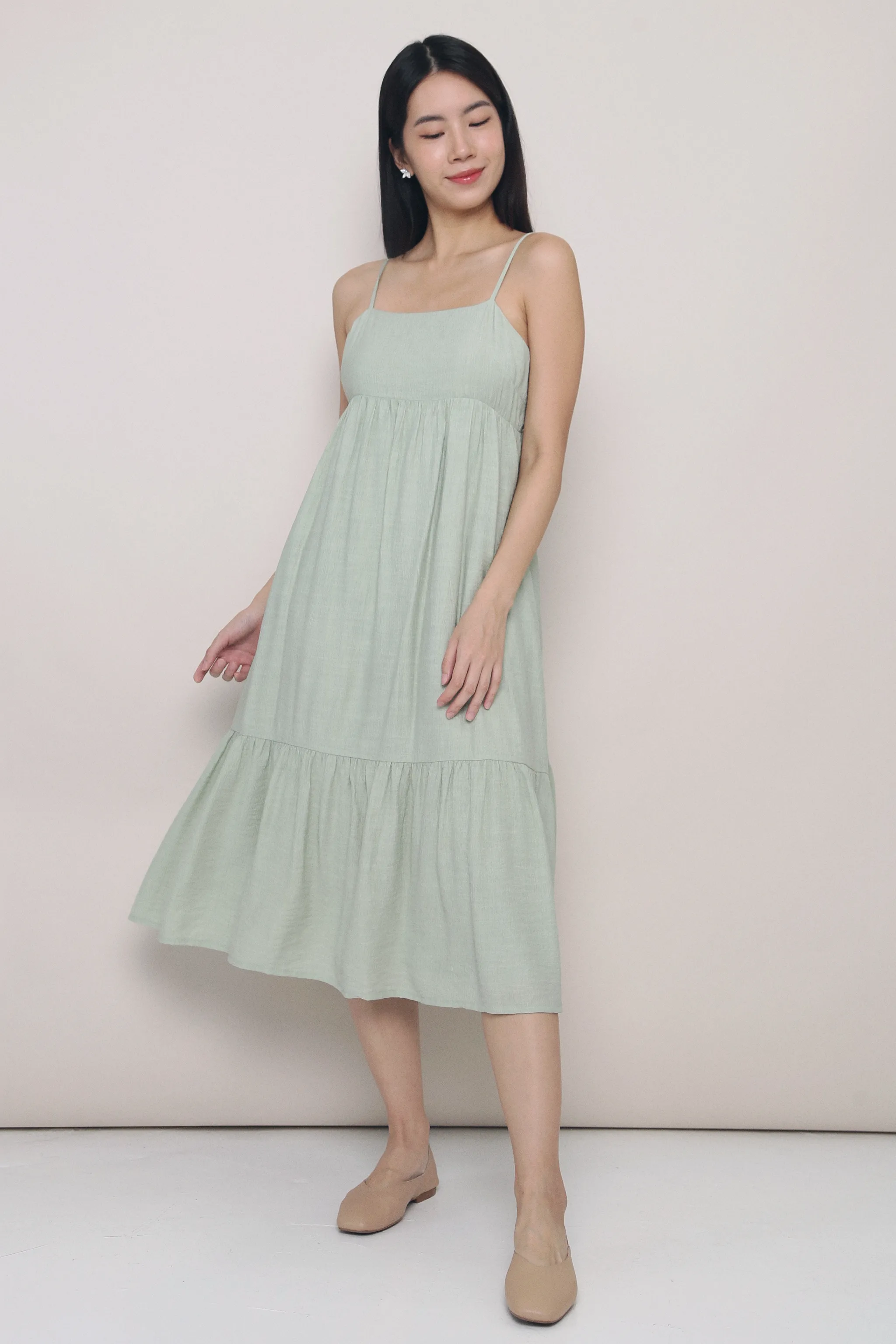Luxury Feel Bethlyn Strappy Tier Midi Dress Sage