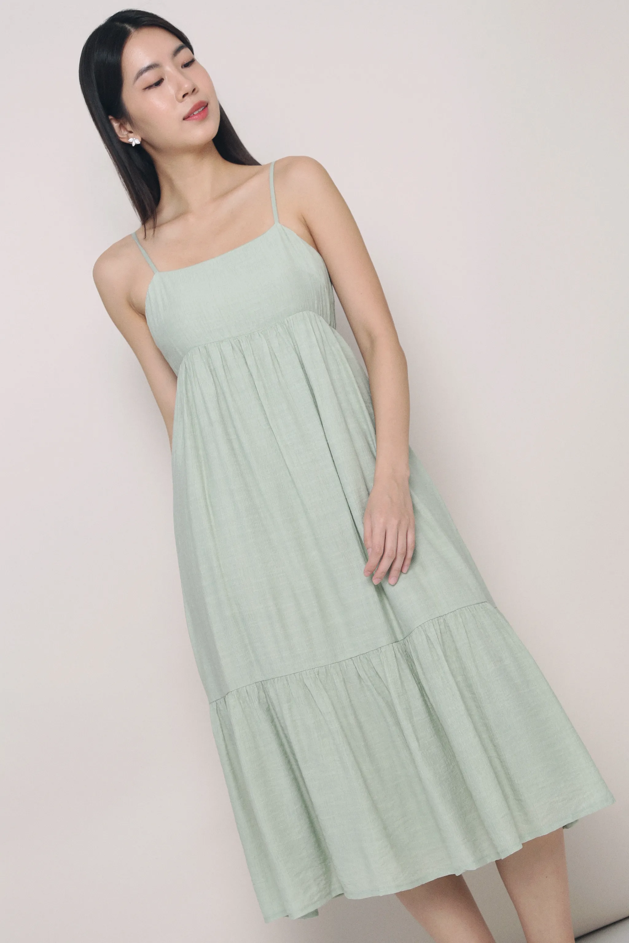 Saturated Hue Bethlyn Strappy Tier Midi Dress Sage
