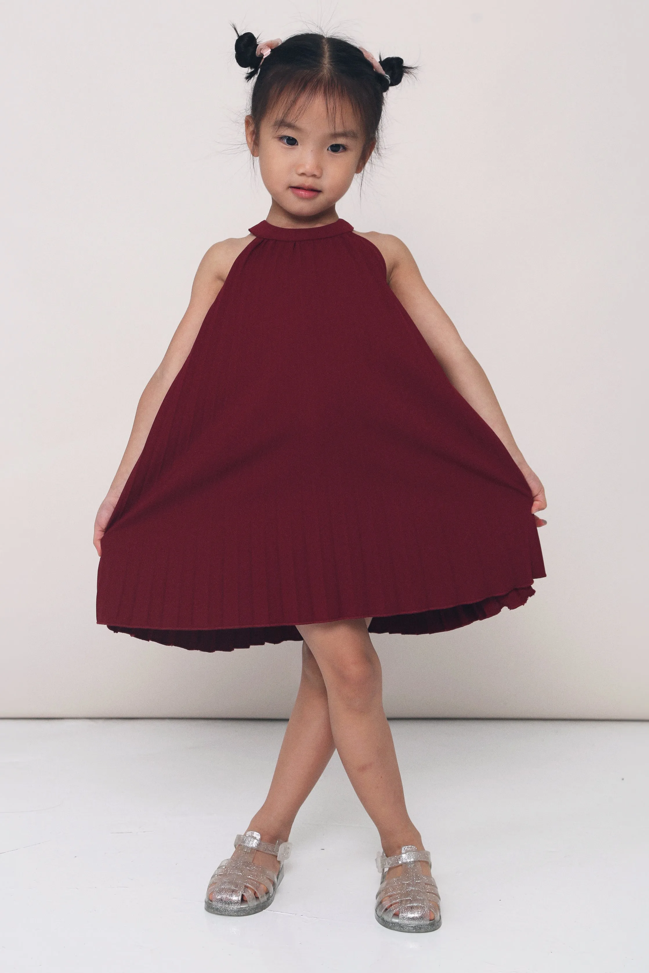 CNY MINI Hope Pressed Pleat Dress Burgundy Anti-bacterial