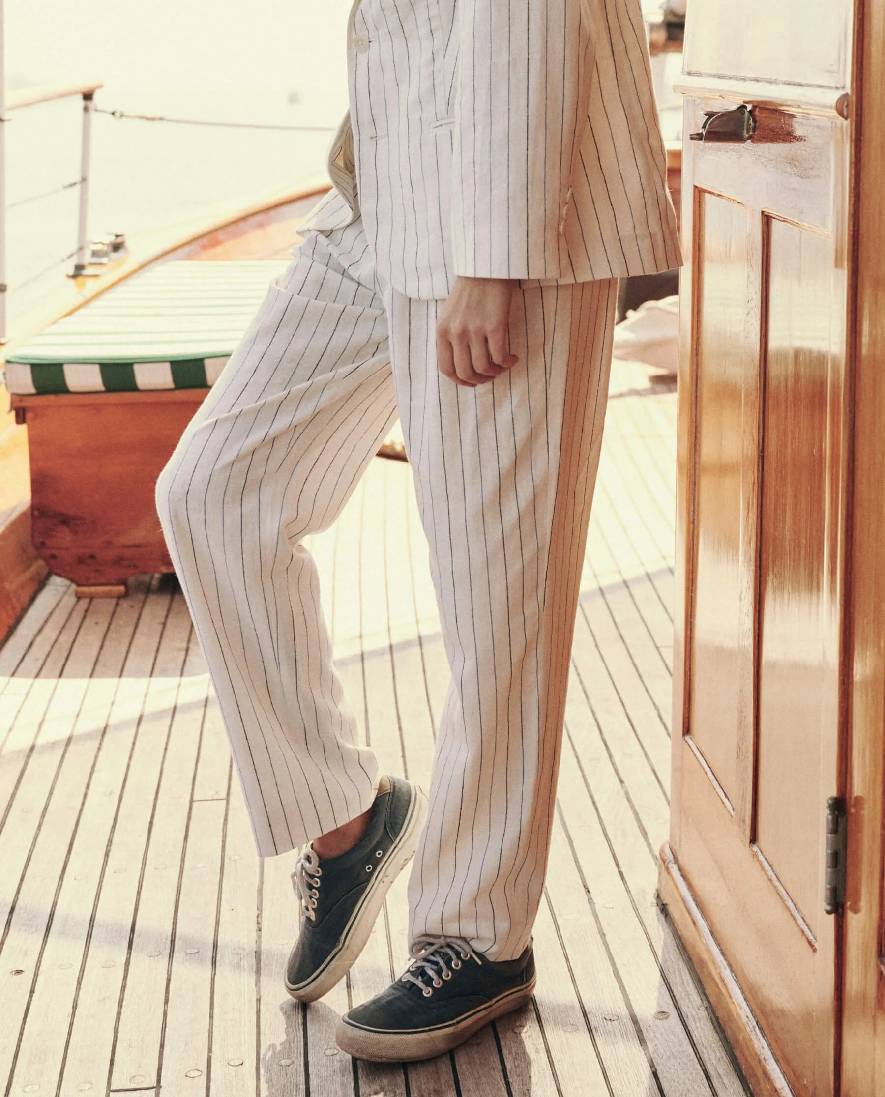 The Great Maker Trouser in Cream Pinstripe Fashion Forward Seamless Design