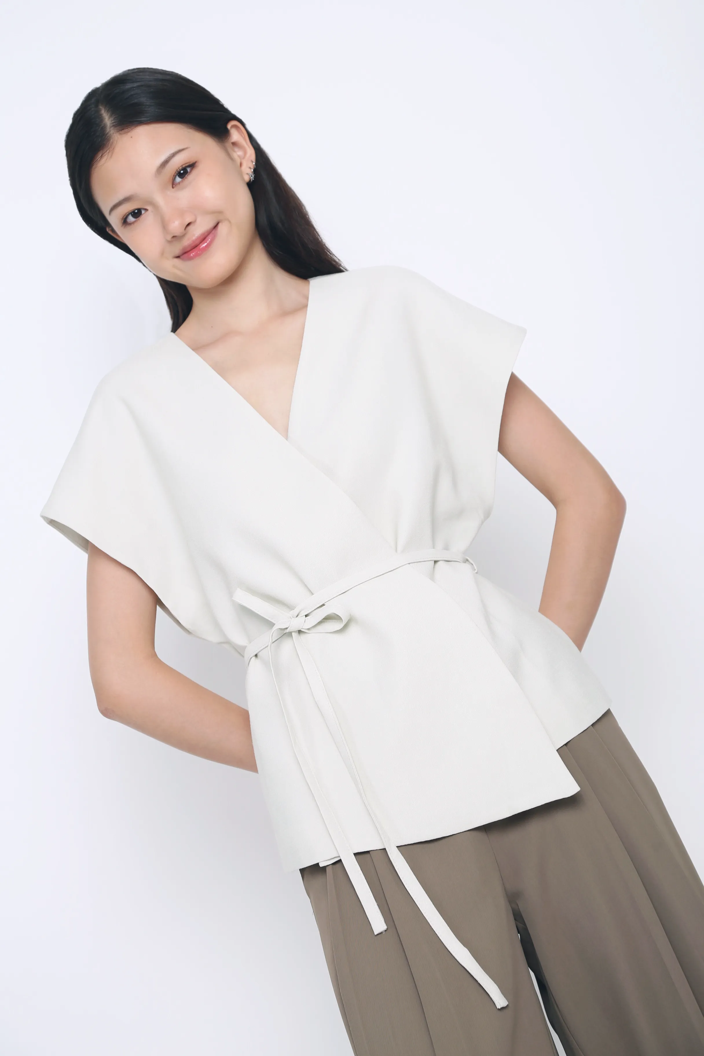 Ribbed Trim OdorControl Dawn Kimono Wrap Blouse Cream (Restock)