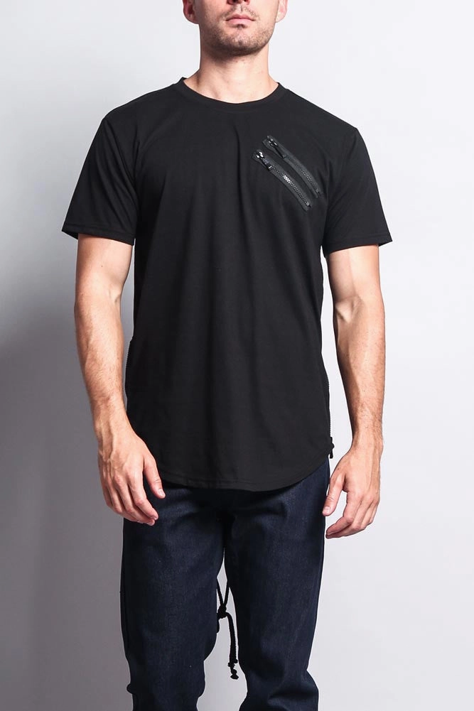 Chest Double Zipper Fishtail Long Length Curved Hem T-Shirt Non Restrictive Collar Fade Resistant Treatment