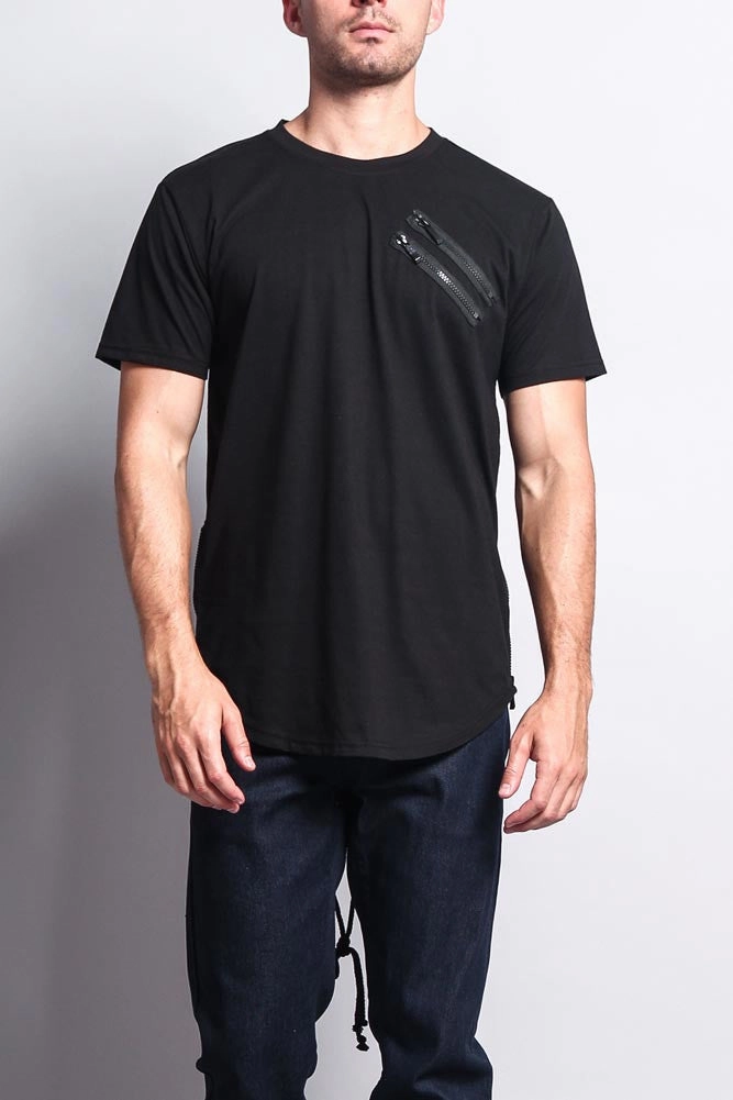 AbrasionResistant Fabric OdorResistantTechnology Chest Double Zipper Fishtail Long Length Curved Hem T-Shirt