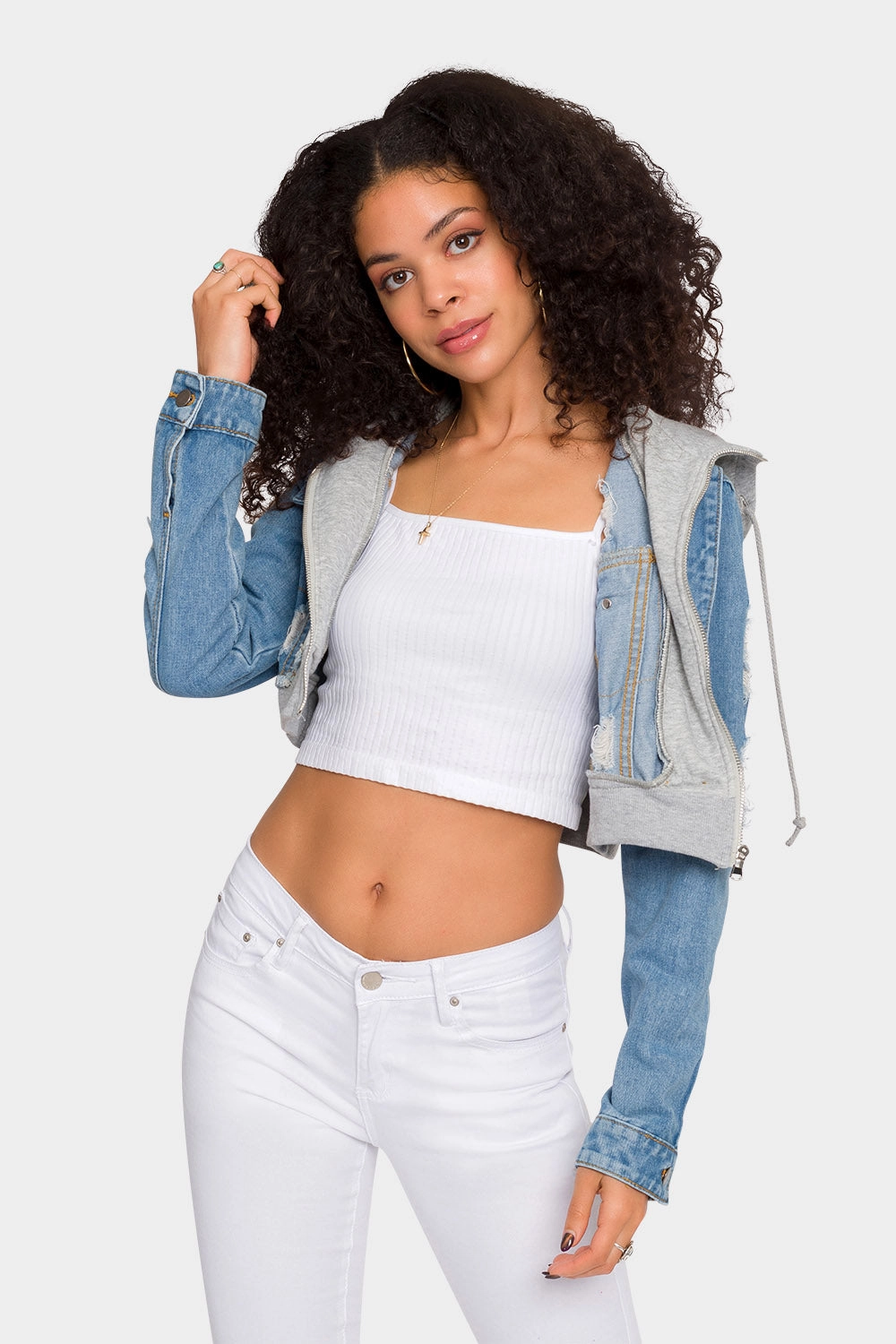 Distressed Layered Hoodie Denim Jacket Eco Friendly Dye