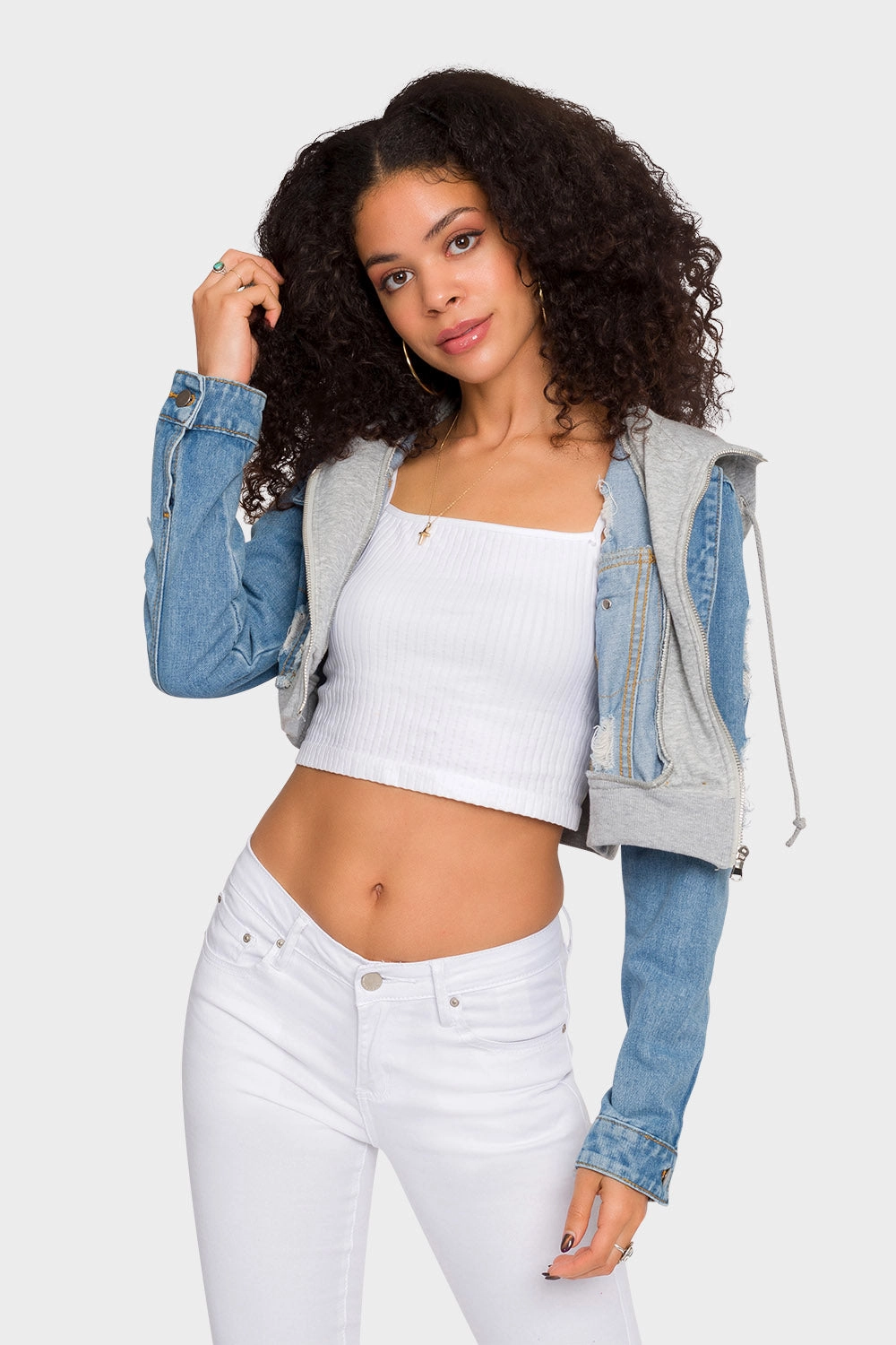 Slim Silhouette Hypoallergenic Fibers Distressed Layered Hoodie Denim Jacket