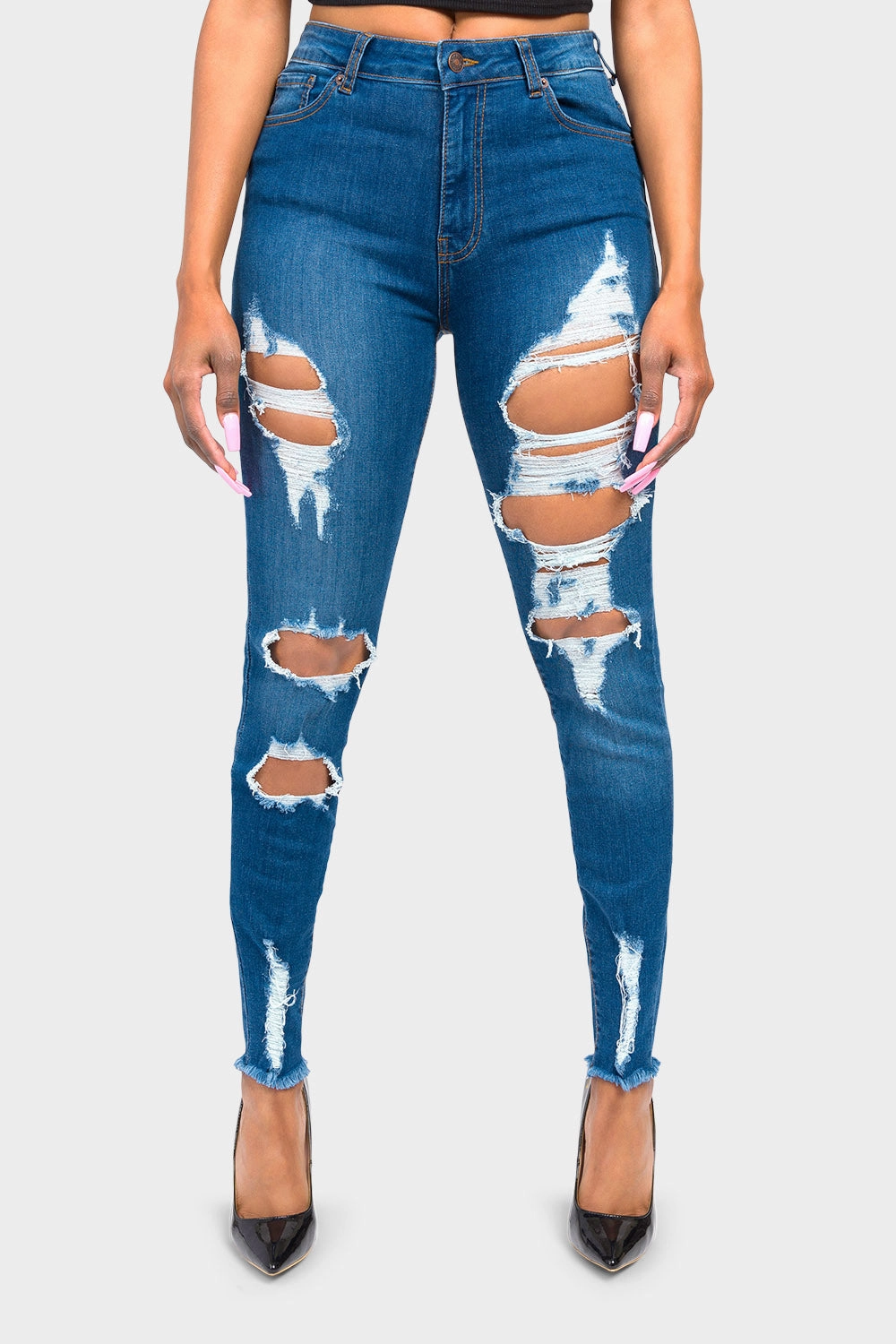 Anti Static Fabric High Rise Destroyed Skinny Jeans