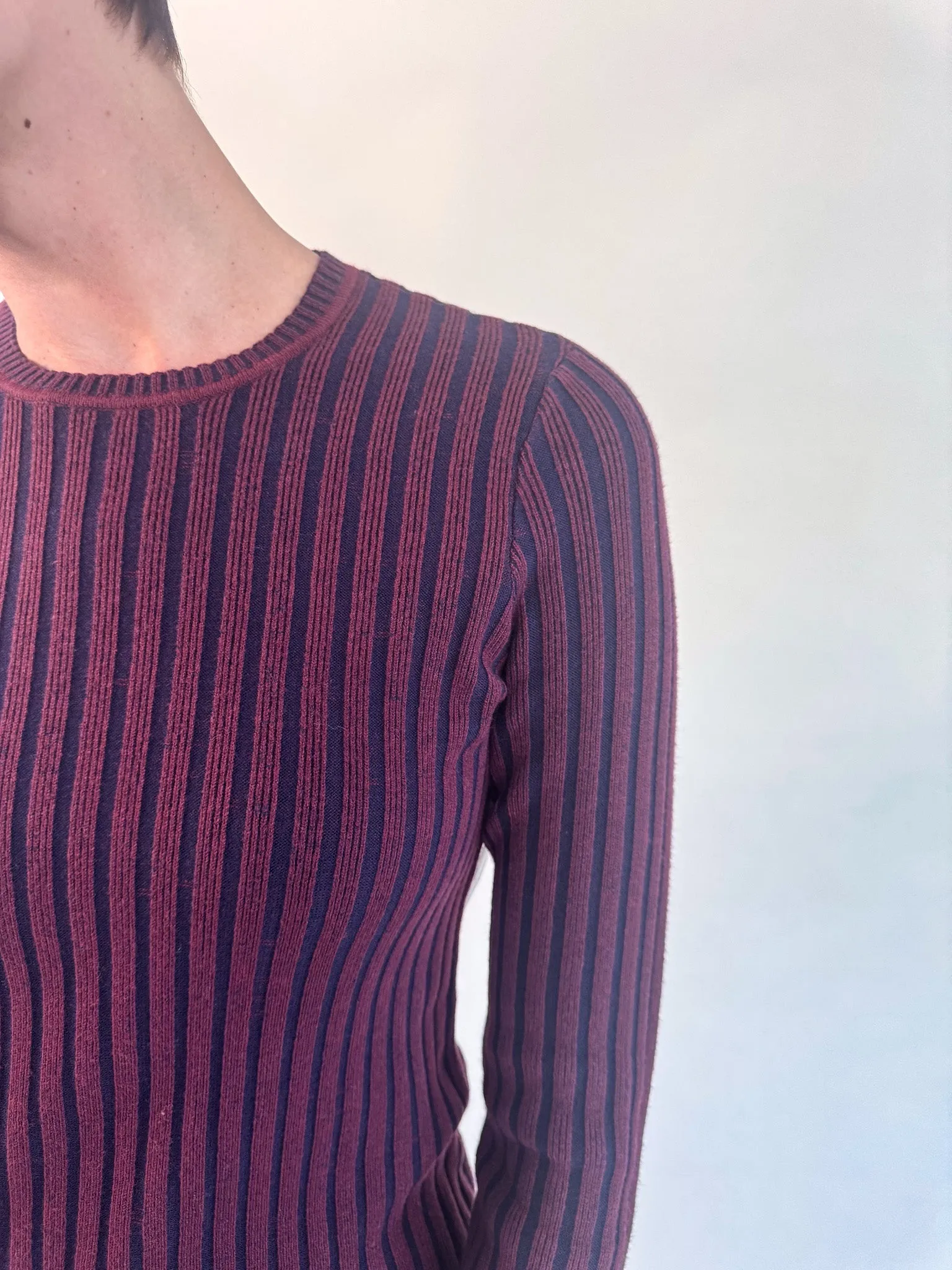 High Neckline Cabernet Striped Ribbed Sweater
