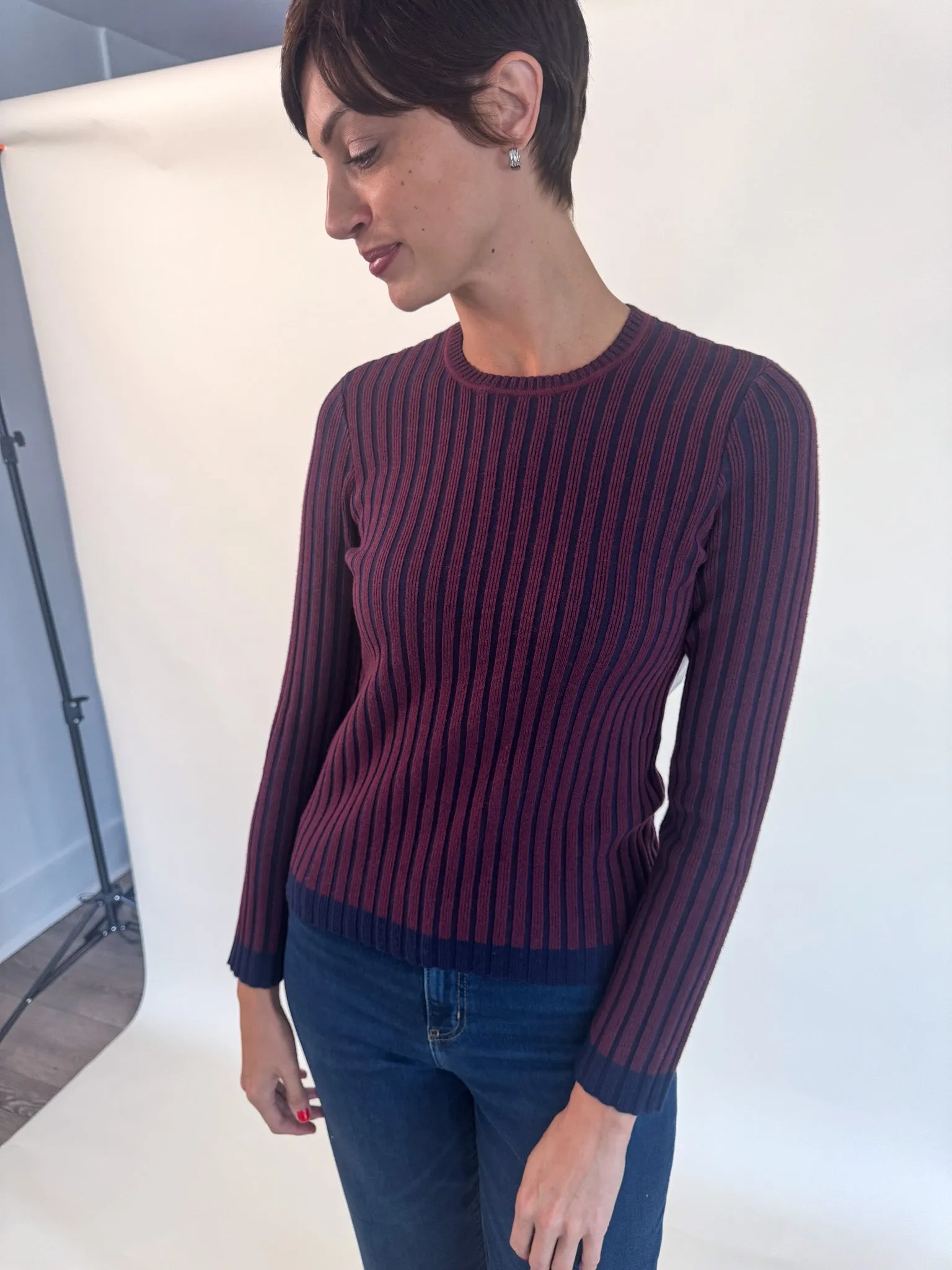 Cabernet Striped Ribbed Sweater Non Static Fiber Tech Cozy Shape
