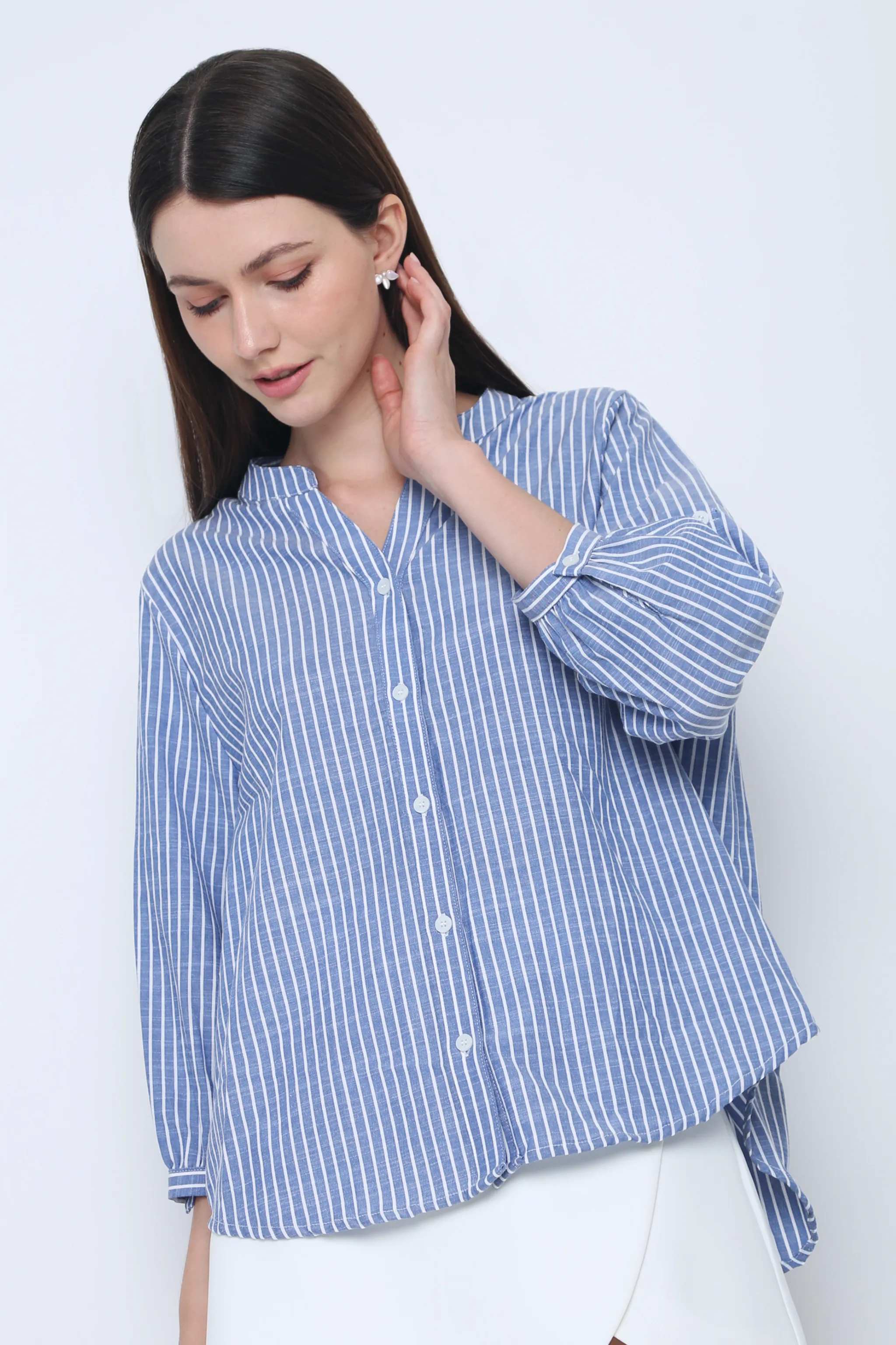 Trevor Cuffed Sleeves Stripe Shirt Blue Biodegradable Fiber