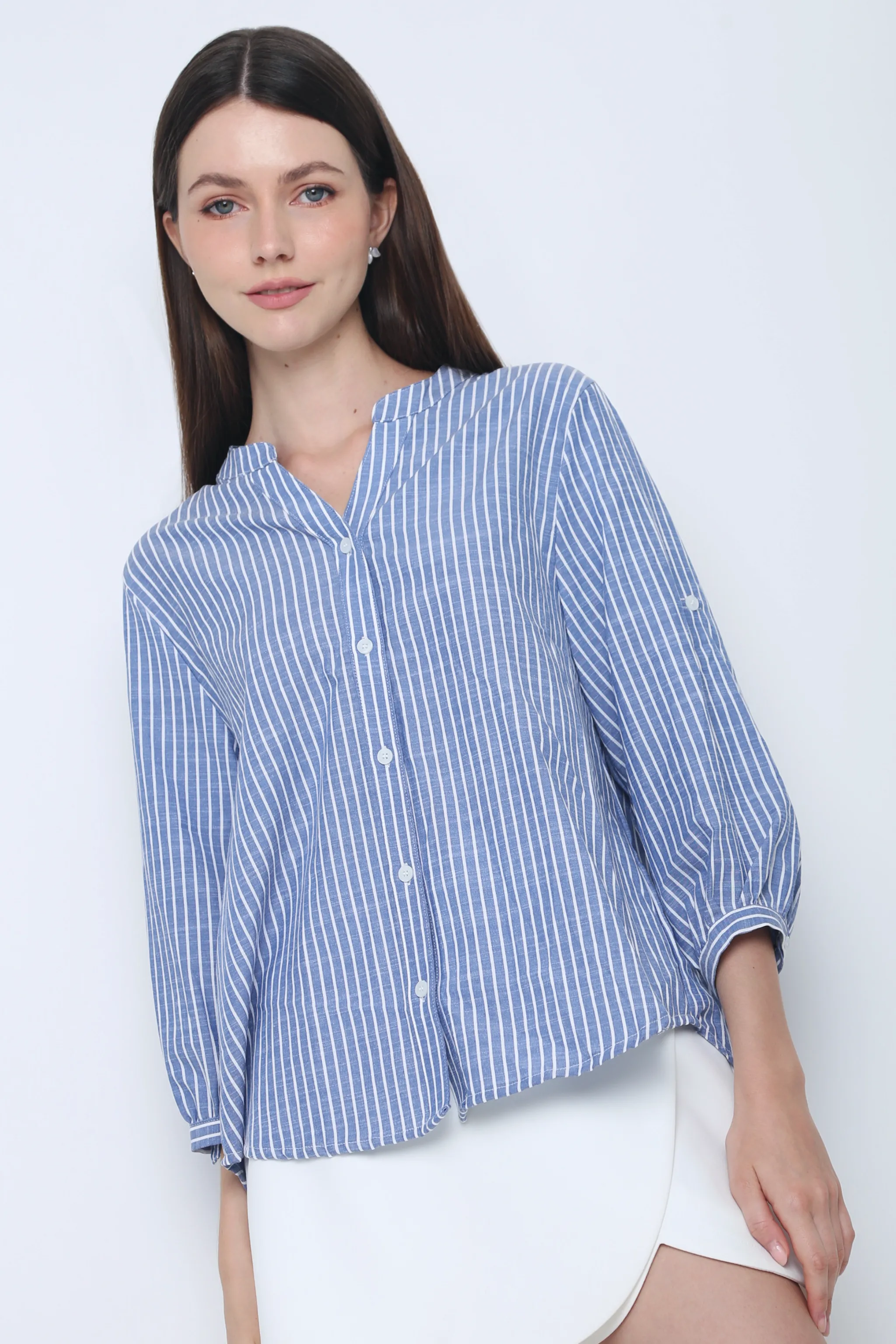 Trevor Cuffed Sleeves Stripe Shirt Blue Basic Long Sleeve
