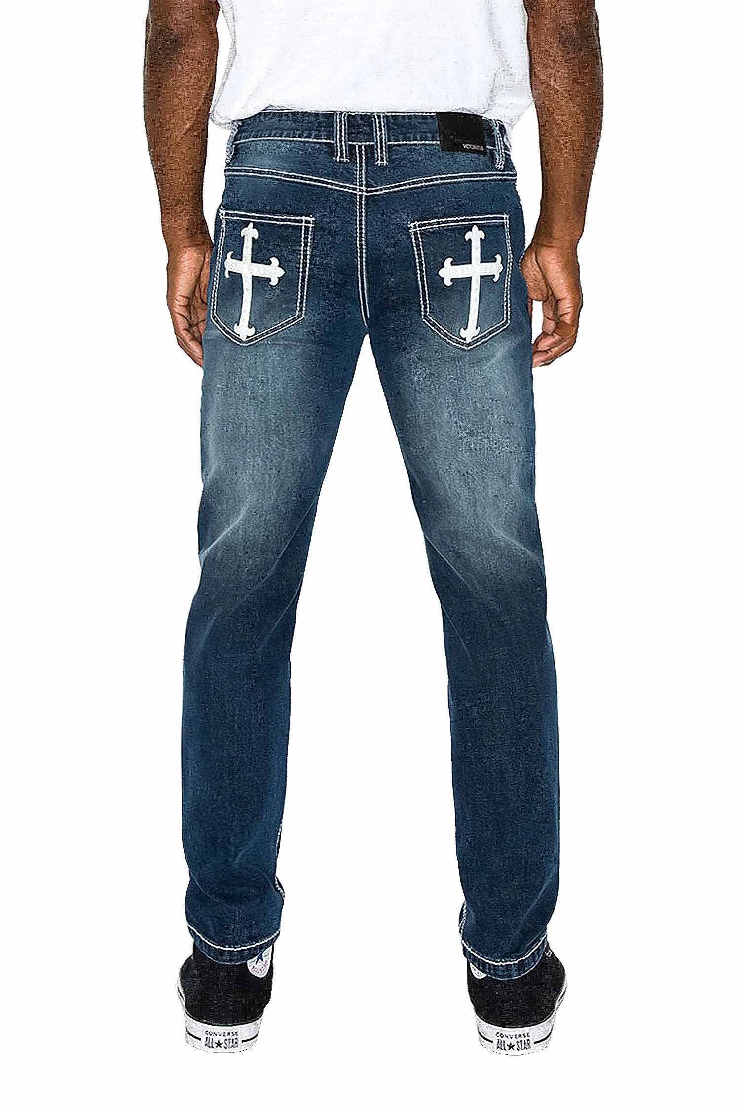 Men's Slim Fit Cross Denim Jeans Snag Proof Fabric Seamless Technology